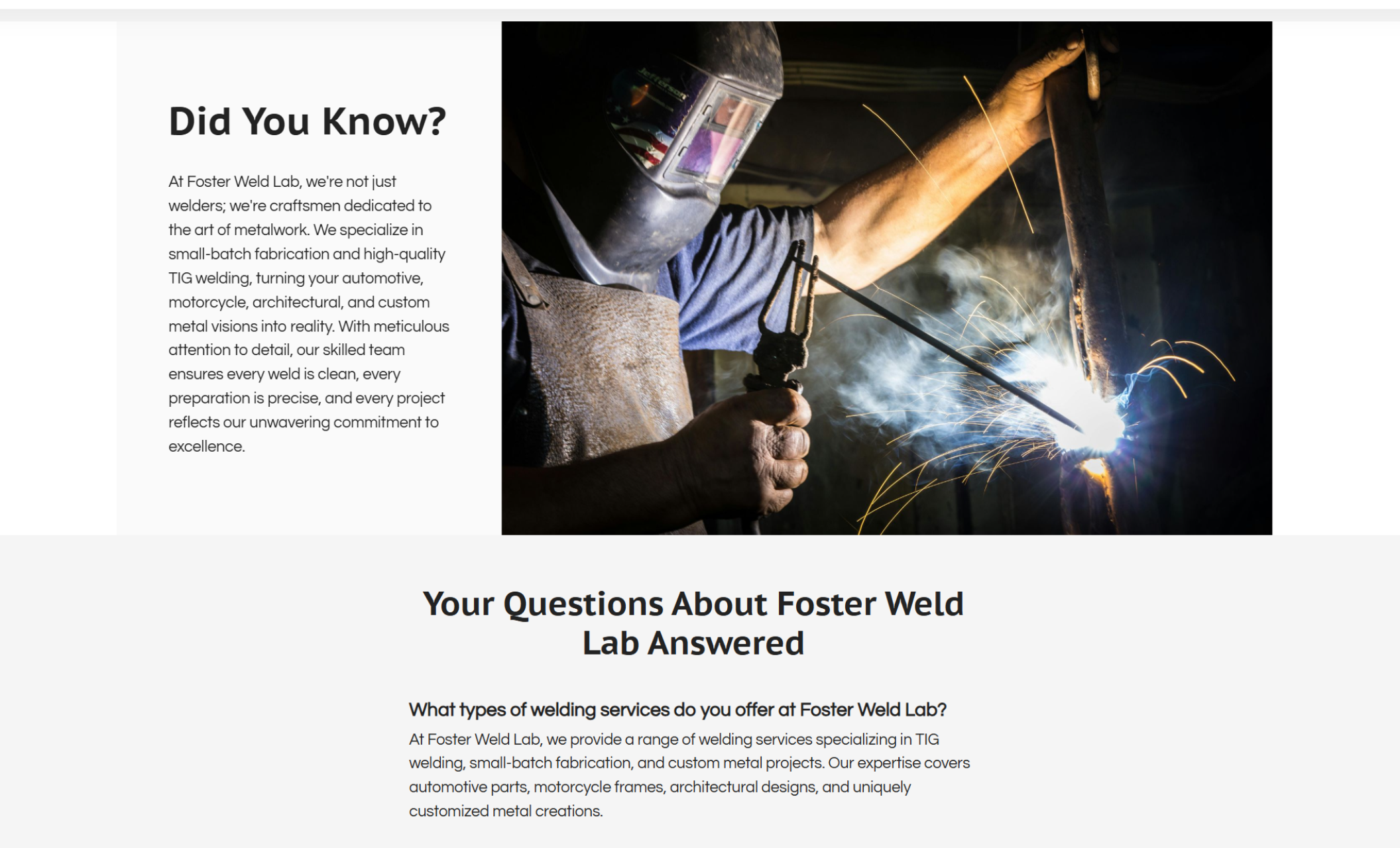 Foster Weld Lab “Did You Know?” section featuring a welder performing TIG welding beside text explaining their focus on small-batch fabrication and custom metal craftsmanship