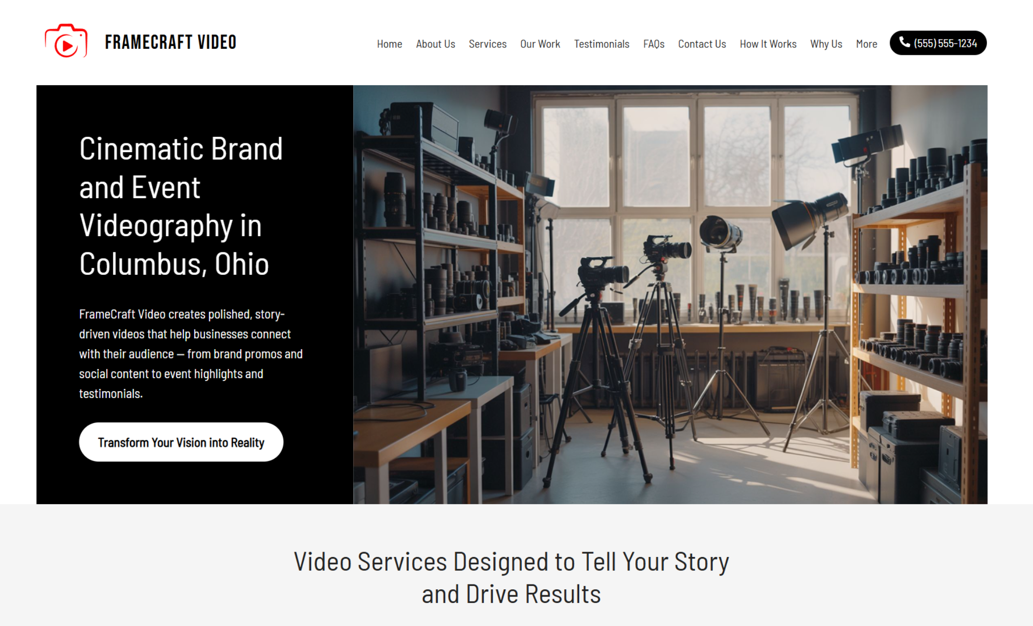 FrameCraft Video homepage hero featuring the headline “Cinematic Brand and Event Videography in Columbus, Ohio” beside a bright studio photo filled with cameras, tripods, lighting gear, and shelves of lenses