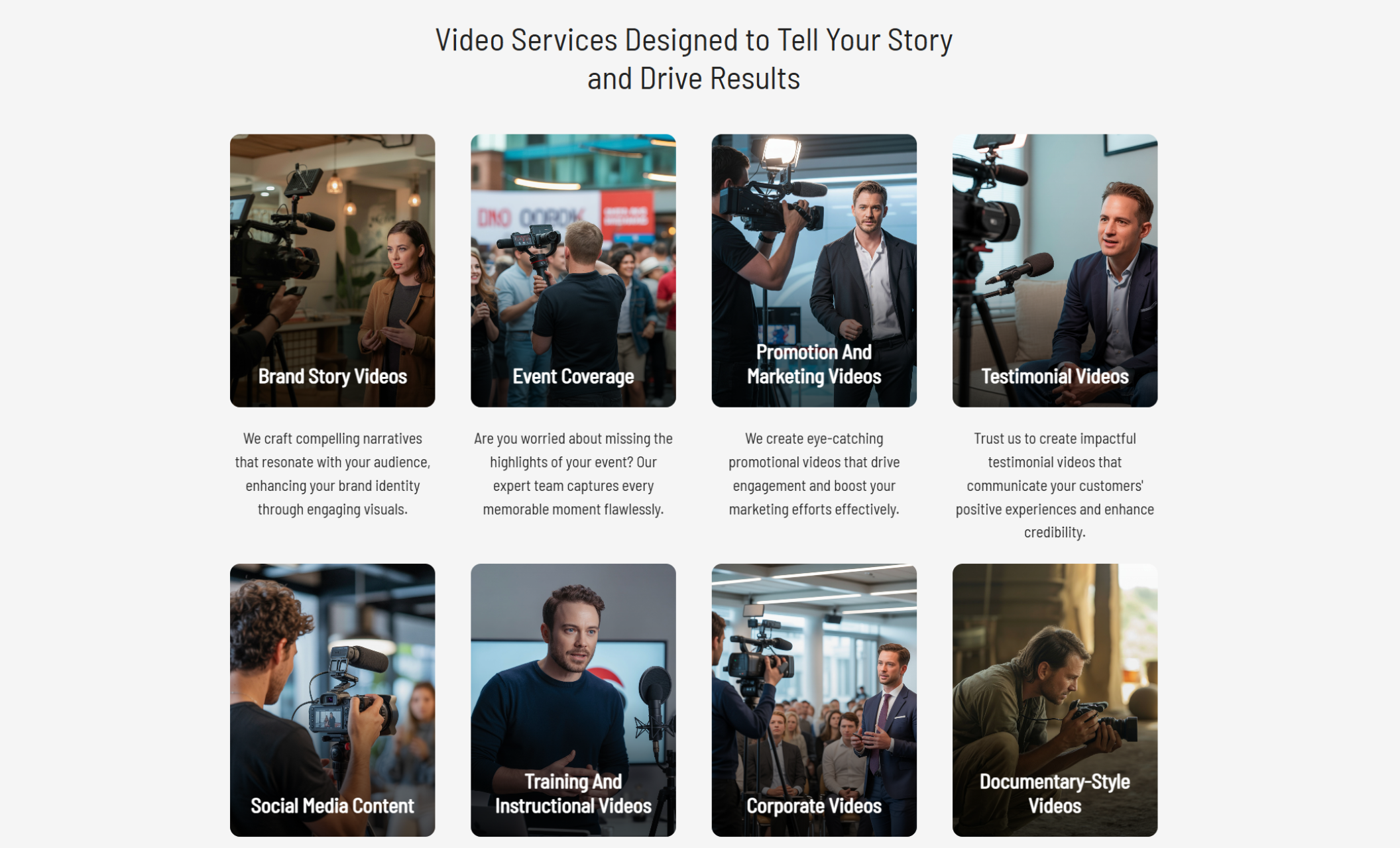 FrameCraft Video services section featuring the headline “Video Services Designed to Tell Your Story and Drive Results” with service cards for brand story videos, event coverage, promotion, testimonials, social media, corporate, and documentary-style videos