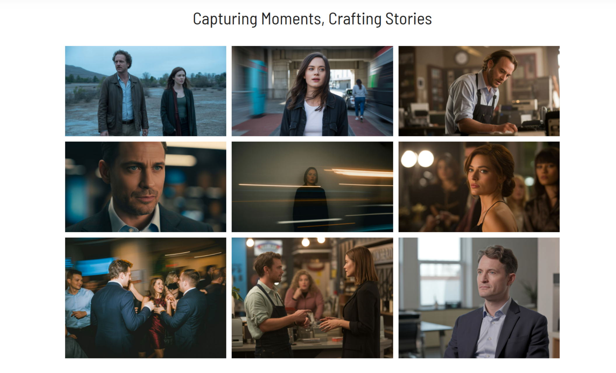 FrameCraft Video portfolio gallery section titled “Capturing Moments, Crafting Stories” displaying a grid of cinematic video thumbnails including portraits, event scenes, and dramatic film-style shots