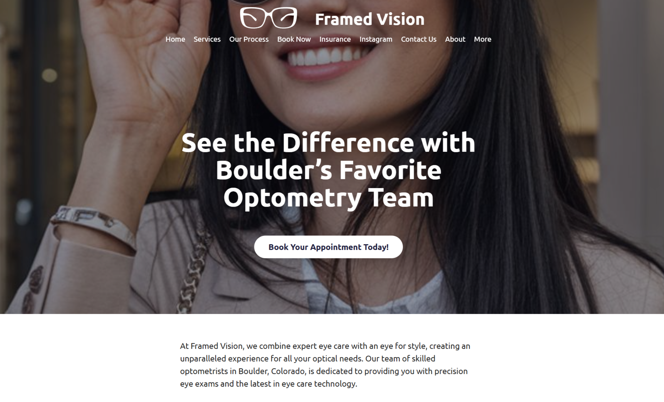 Framed Vision homepage showing a woman smiling through stylish eyeglasses while holding shopping bags beside the headline “See the Difference with Boulder’s Favorite Optometry Team” and a purple booking button
