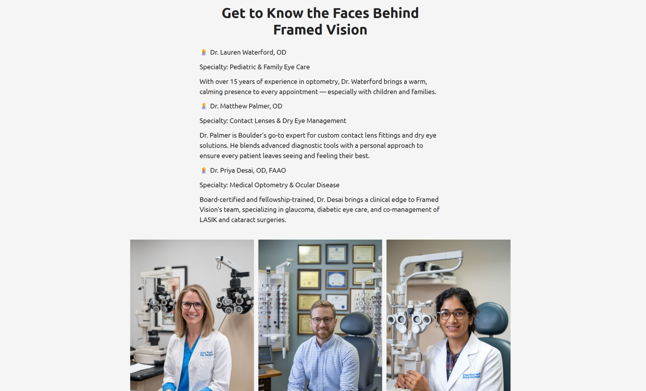 Framed Vision team introduction page featuring three headshots of optometrists—Dr. Lauren Waterford, Dr. Matthew Palmer, and Dr. Priya Desai—seated in exam rooms beneath text describing their specialties and experience