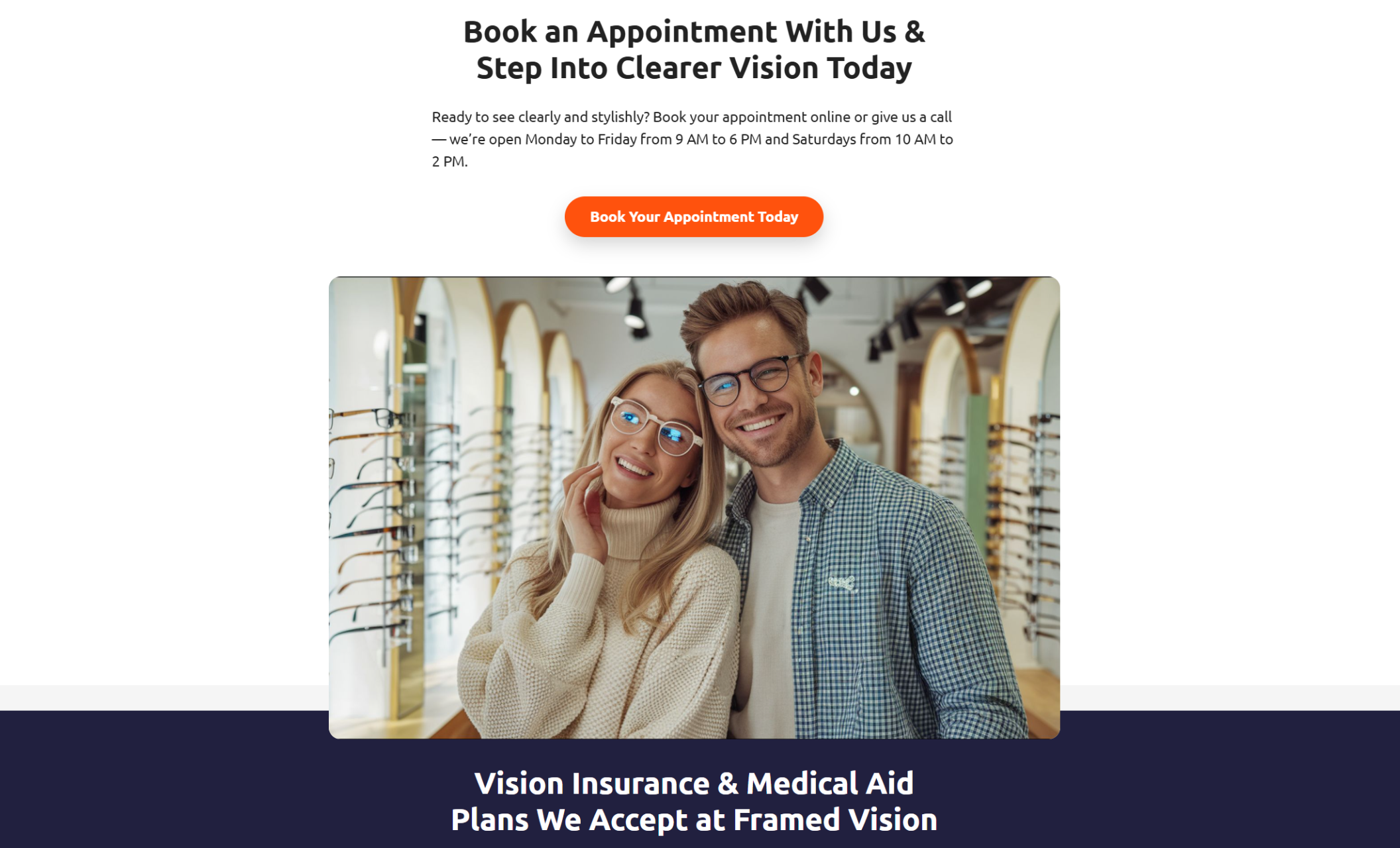 Framed Vision booking page showing a happy couple wearing eyeglasses in a stylish optical boutique under the heading “Book an Appointment With Us & Step Into Clearer Vision Today” with a bright orange booking button