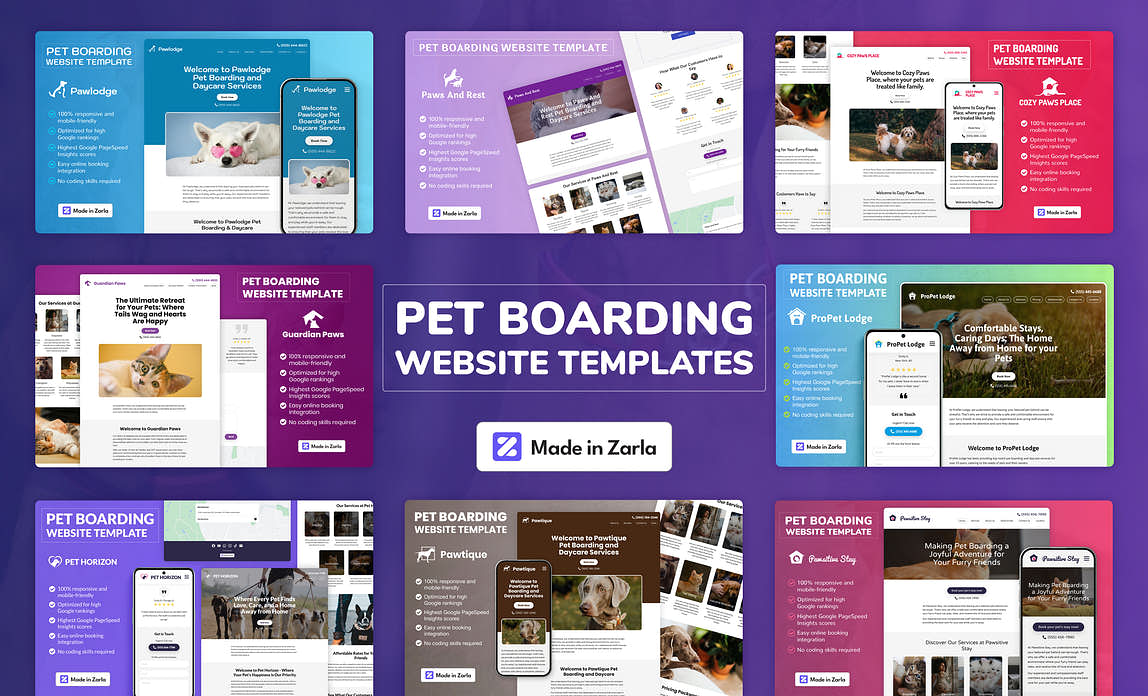 Collection of free pet boarding website templates