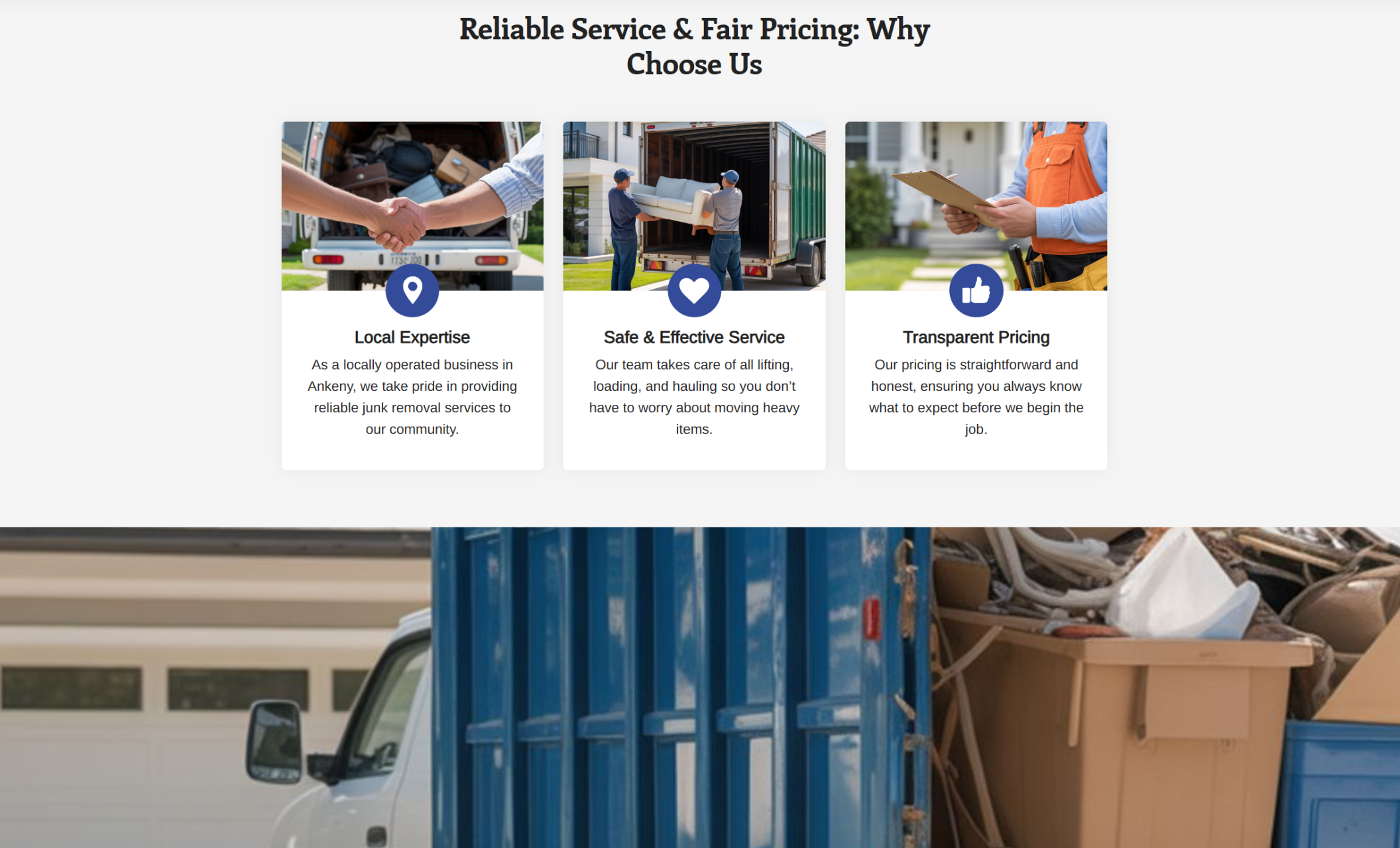 Fresh Start Haulers “Why Choose Us” section highlighting local expertise, safe service, and transparent pricing with supporting images of workers handling junk removal and customer interactions