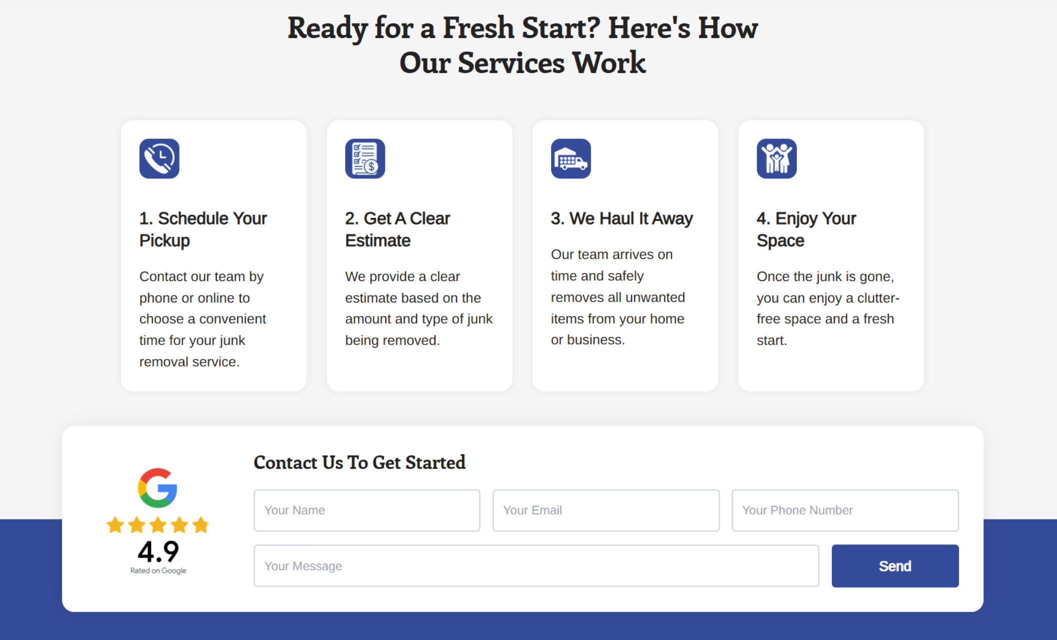 Fresh Start Haulers section titled “Ready for a Fresh Start? Here’s How Our Services Work,” displaying four step-by-step icons for scheduling, estimates, hauling, and enjoying a clean space