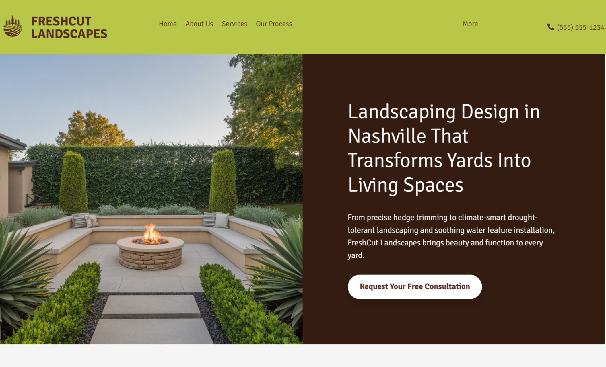 FreshCut Landscapes homepage with a lime-green header, brown text block reading “Landscaping Design in Nashville That Transforms Yards Into Living Spaces,” and a large background photo of a modern stone patio with a central fire pit
