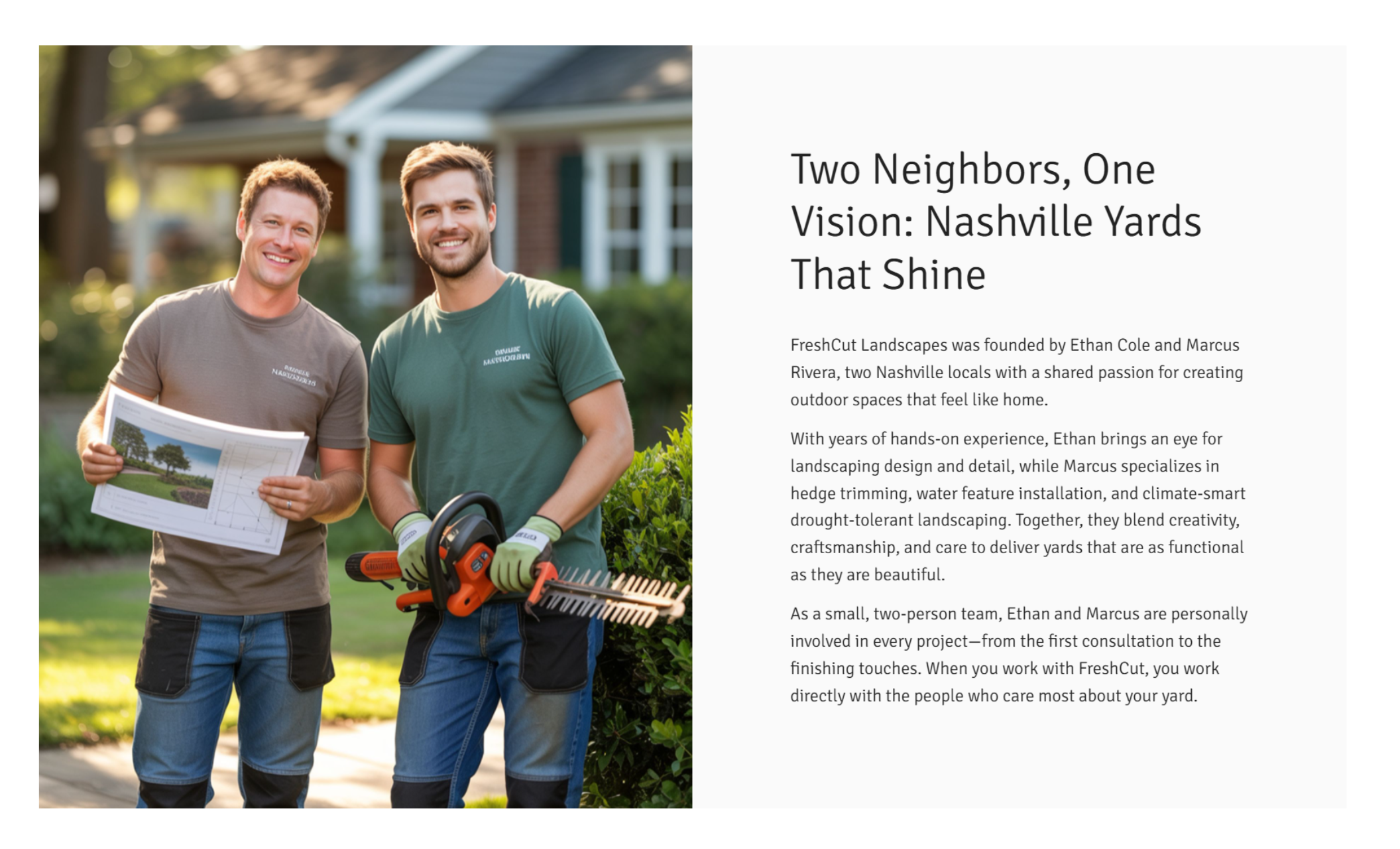 FreshCut Landscapes founder section featuring two smiling men holding landscaping tools and a blueprint, beside text titled “Two Neighbors, One Vision: Nashville Yards That Shine” introducing Ethan Cole and Marcus Rivera