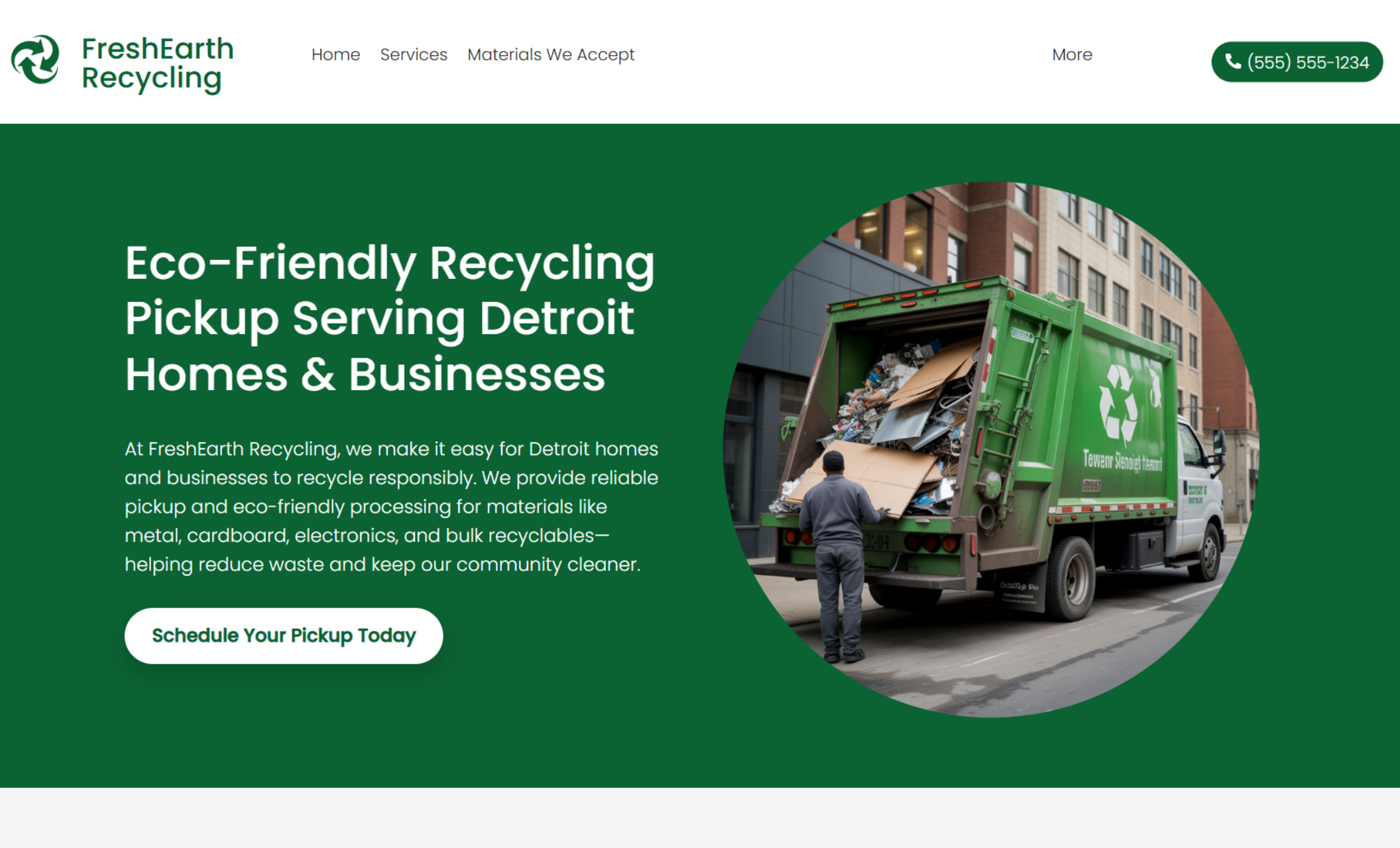 FreshEarth Recycling homepage hero featuring a green recycling truck collecting materials beside the headline “Eco-Friendly Recycling Pickup Serving Detroit Homes & Businesses” and a “Schedule Your Pickup Today” button