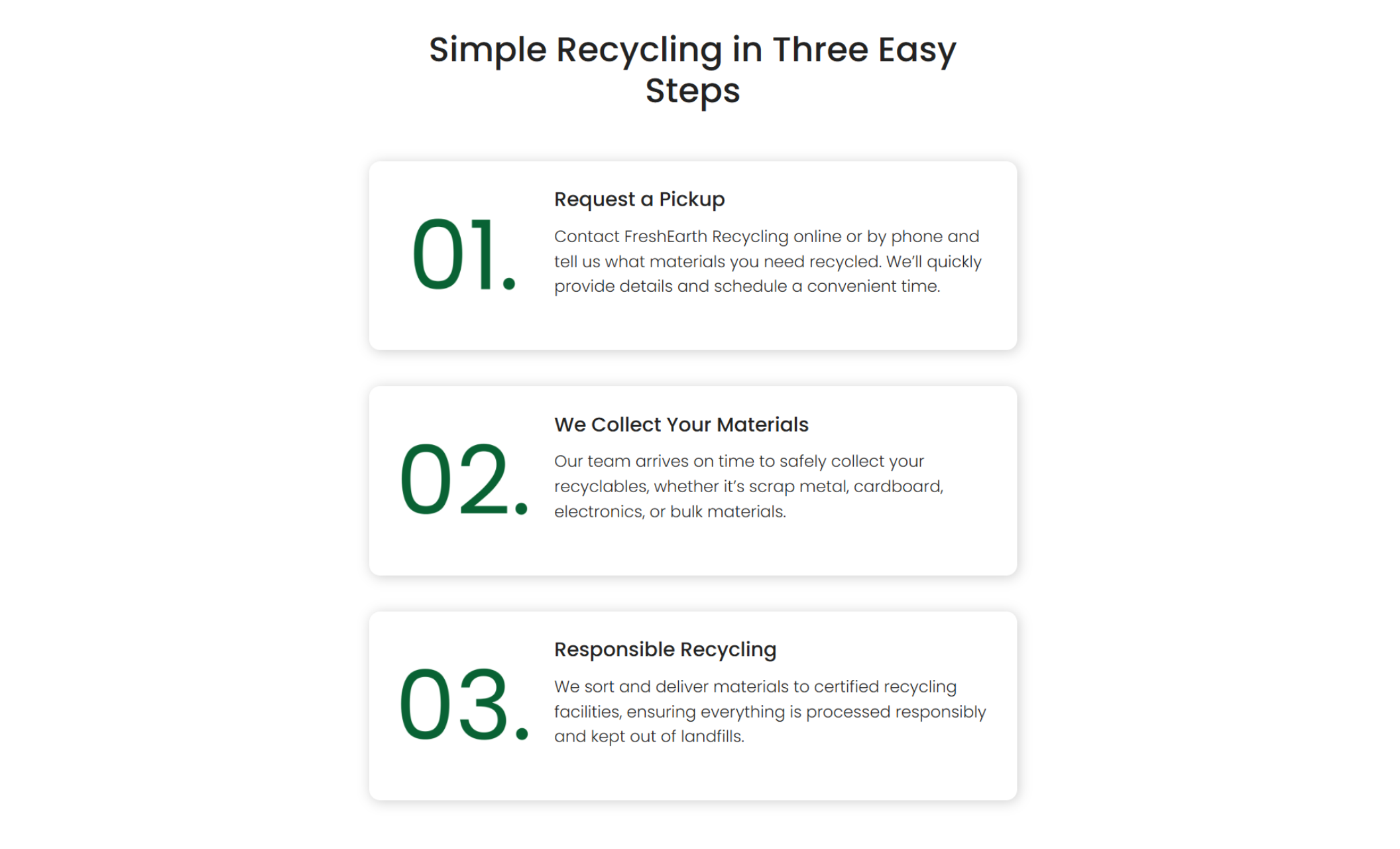 FreshEarth Recycling process section titled “Simple Recycling in Three Easy Steps,” outlining request, collection, and responsible recycling steps in a clean, numbered layout