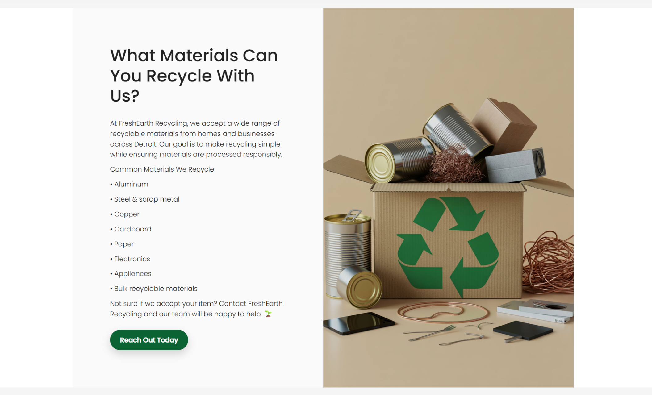 FreshEarth Recycling materials section titled “What Materials Can You Recycle With Us?” alongside a list of accepted items and an image of a cardboard box filled with cans, electronics, and scrap metal