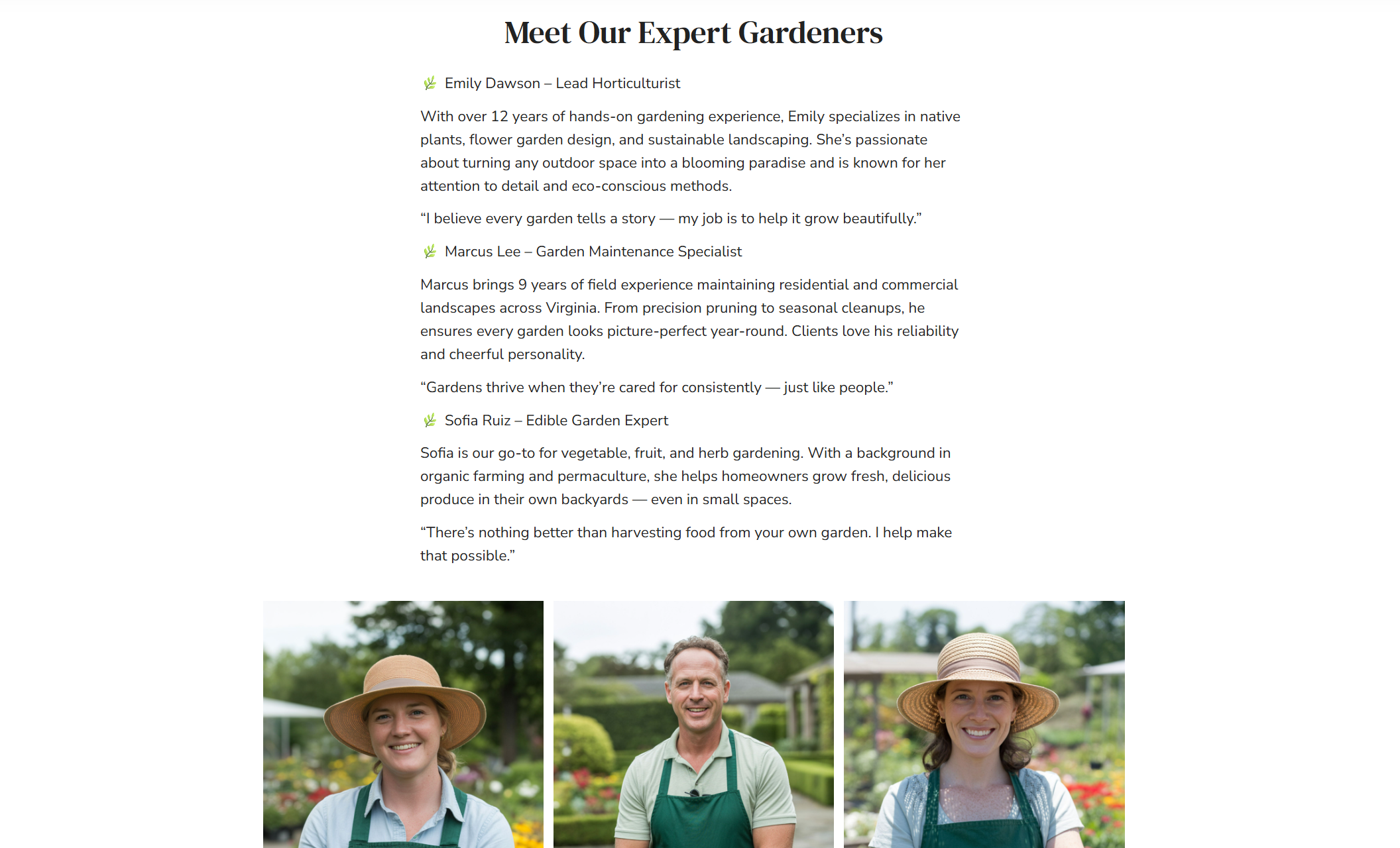 Freshleaf Gardening team introduction page featuring bios for three gardening experts—Emily Dawson, Marcus Lee, and Sofia Ruiz—each with a headshot and a personalized quote about their gardening philosophy