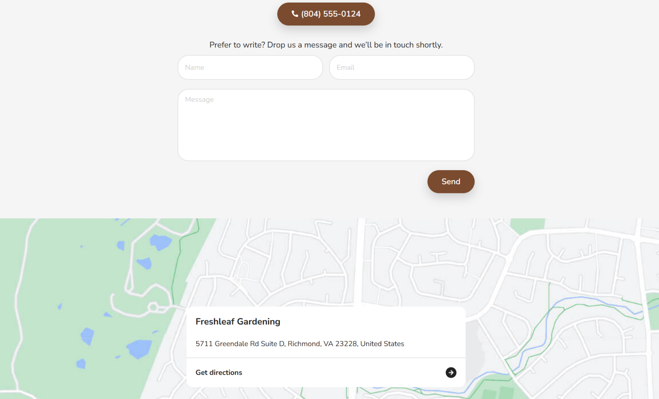 Freshleaf Gardening contact page showing a message form, brown phone button, and a map highlighting the company’s address in Richmond, VA with a “Get directions” link