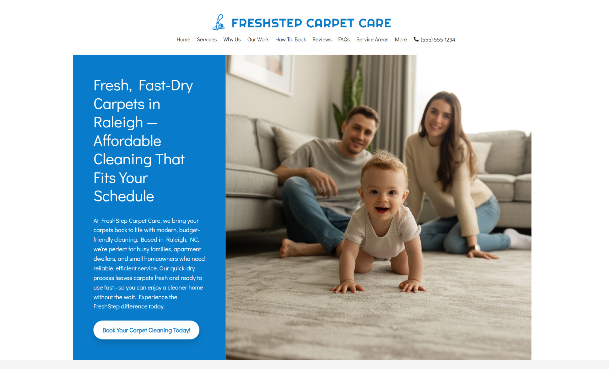 FreshStep Carpet Care homepage hero featuring a smiling family on a freshly cleaned carpet beside the headline “Fresh, Fast-Dry Carpets in Raleigh — Affordable Cleaning That Fits Your Schedule” and a white “Book Your Carpet Cleaning Today” button