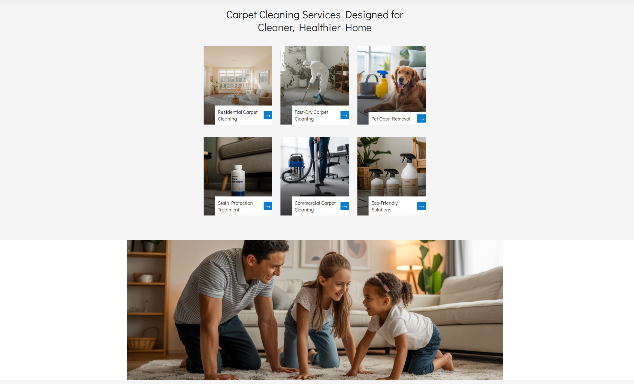 FreshStep Carpet Care services overview displaying six service cards labeled Residential Carpet Cleaning, Fast-Dry Carpet Cleaning, Pet Odor Removal, Stain Protection Treatment, Commercial Carpet Cleaning, and Eco-Friendly Solutions