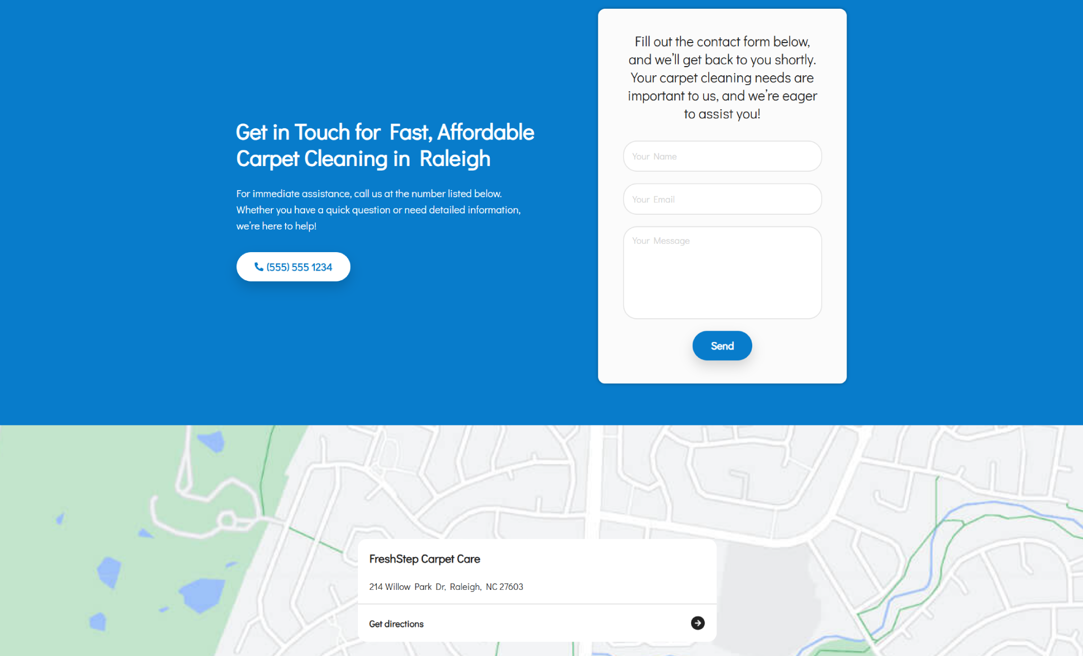 FreshStep Carpet Care contact section featuring a blue background with the headline “Get in Touch for Fast, Affordable Carpet Cleaning in Raleigh,” a contact form, call button, and embedded map showing the business location