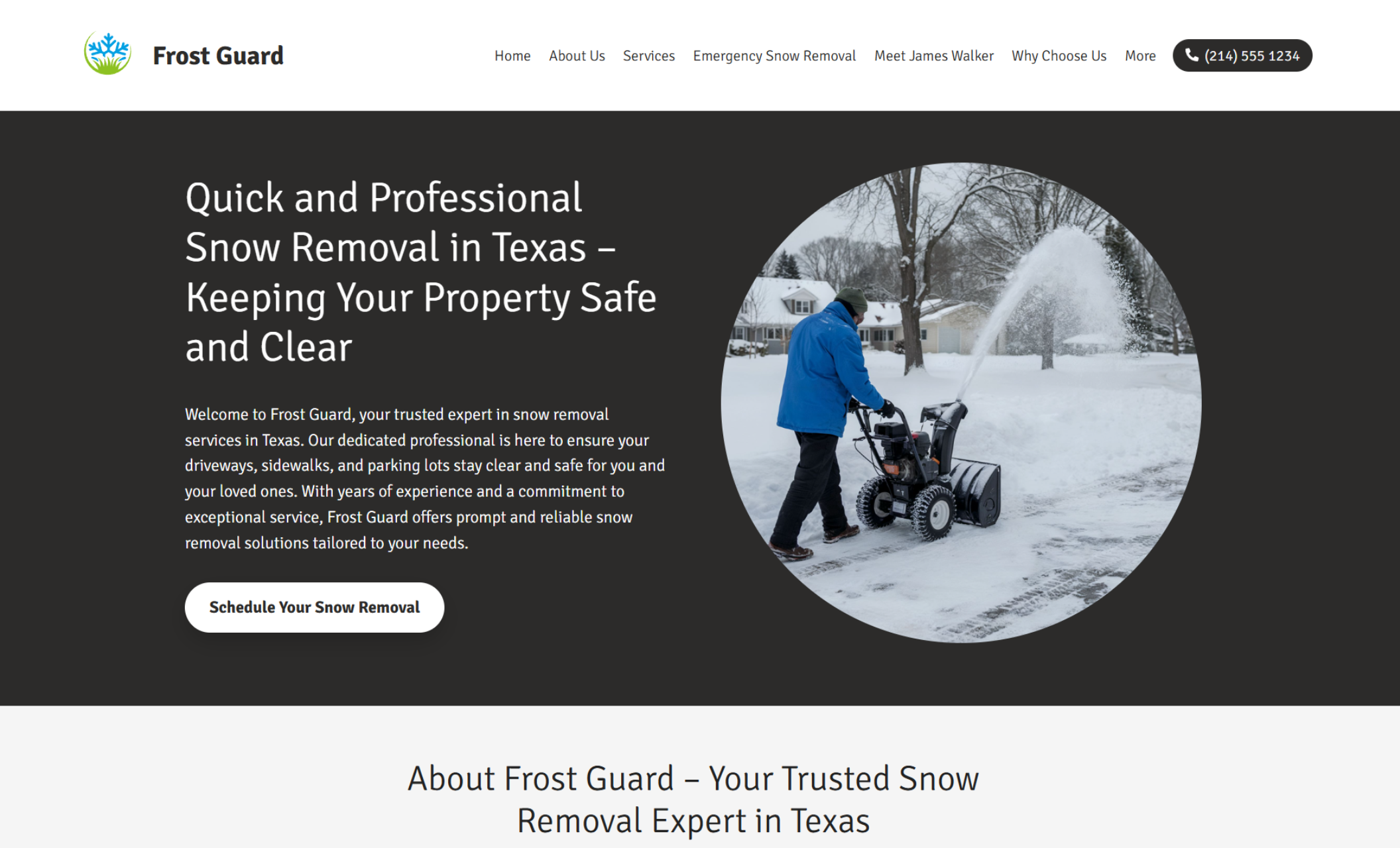 Frost Guard homepage featuring a snow removal professional in a blue coat using a snowblower on a suburban driveway, beside the headline “Quick and Professional Snow Removal in Texas – Keeping Your Property Safe and Clear” with a white button labeled “Schedule Your Snow Removal.”