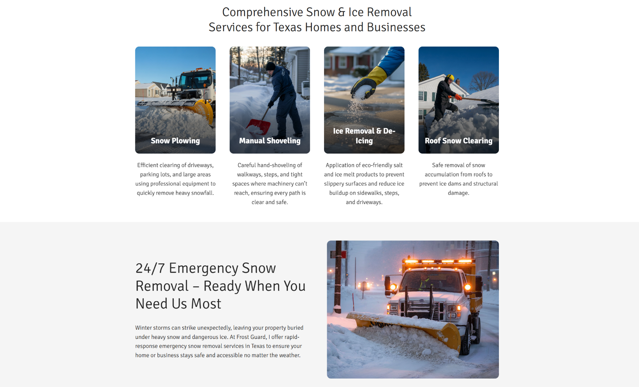 Frost Guard services section displaying icons and descriptions for Snow Plowing, Manual Shoveling, Ice Removal & De-Icing, and Roof Snow Clearing, followed by a snowy truck photo beside the bold heading “24/7 Emergency Snow Removal – Ready When You Need Us Most.”