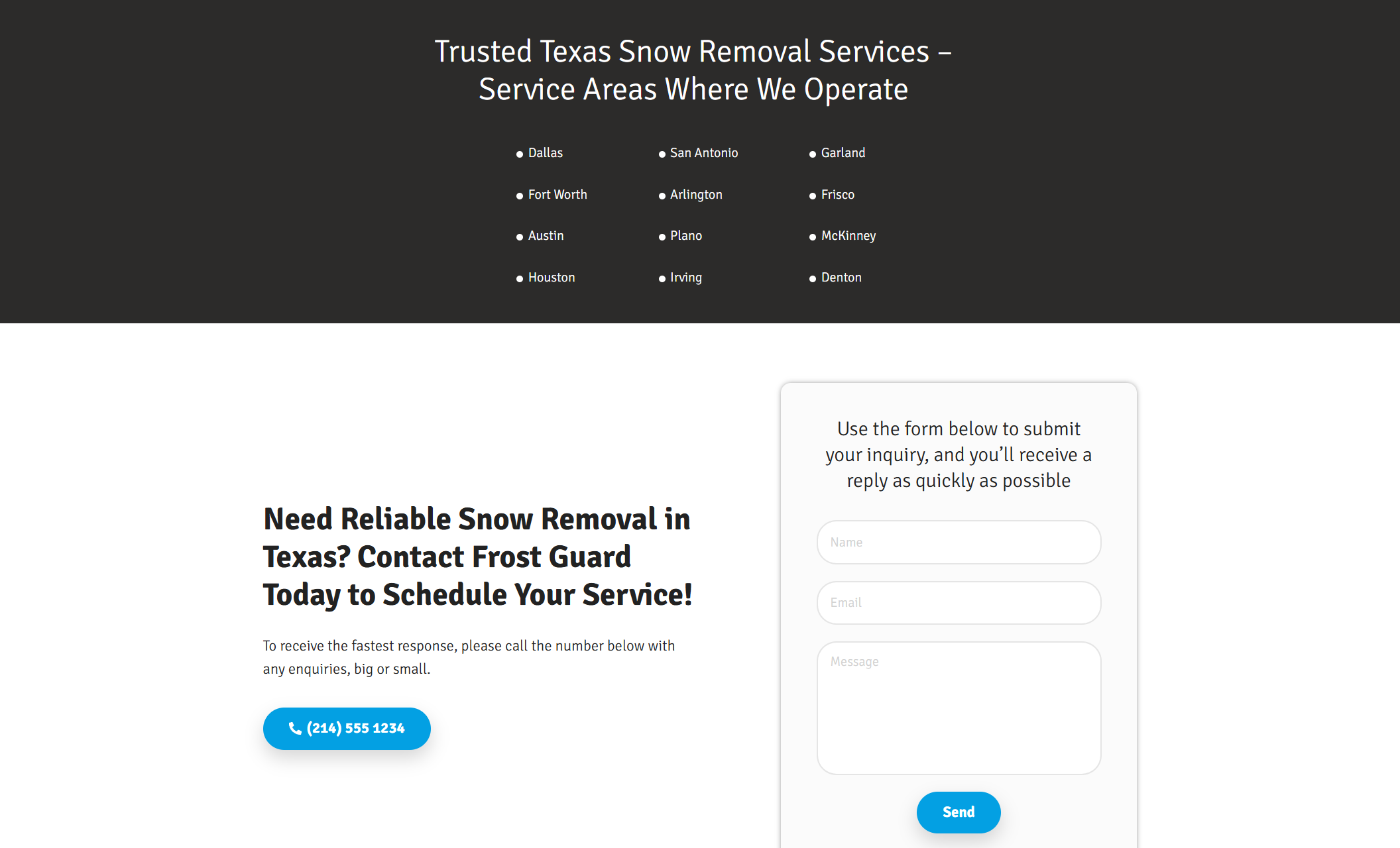 Frost Guard contact section showing a grid of Texas cities under “Trusted Texas Snow Removal Services,” with a bold callout encouraging visitors to call or use the right-side form to schedule snow removal services.
