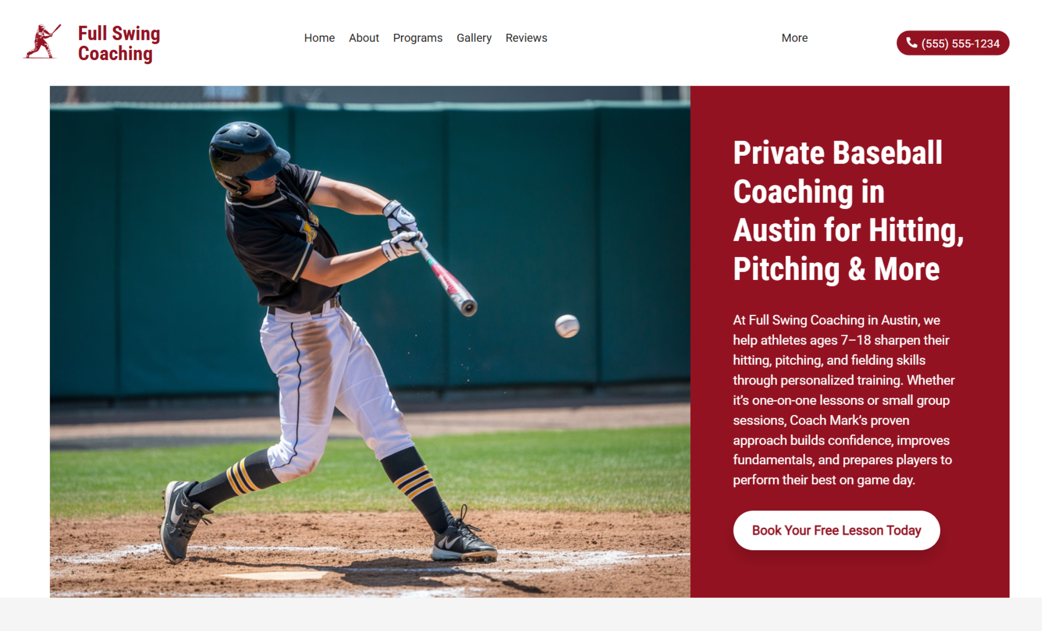 Full Swing Coaching homepage showing a baseball player mid-swing at the plate with the headline “Private Baseball Coaching in Austin for Hitting, Pitching & More” and a red button that says “Book Your Free Lesson Today.”