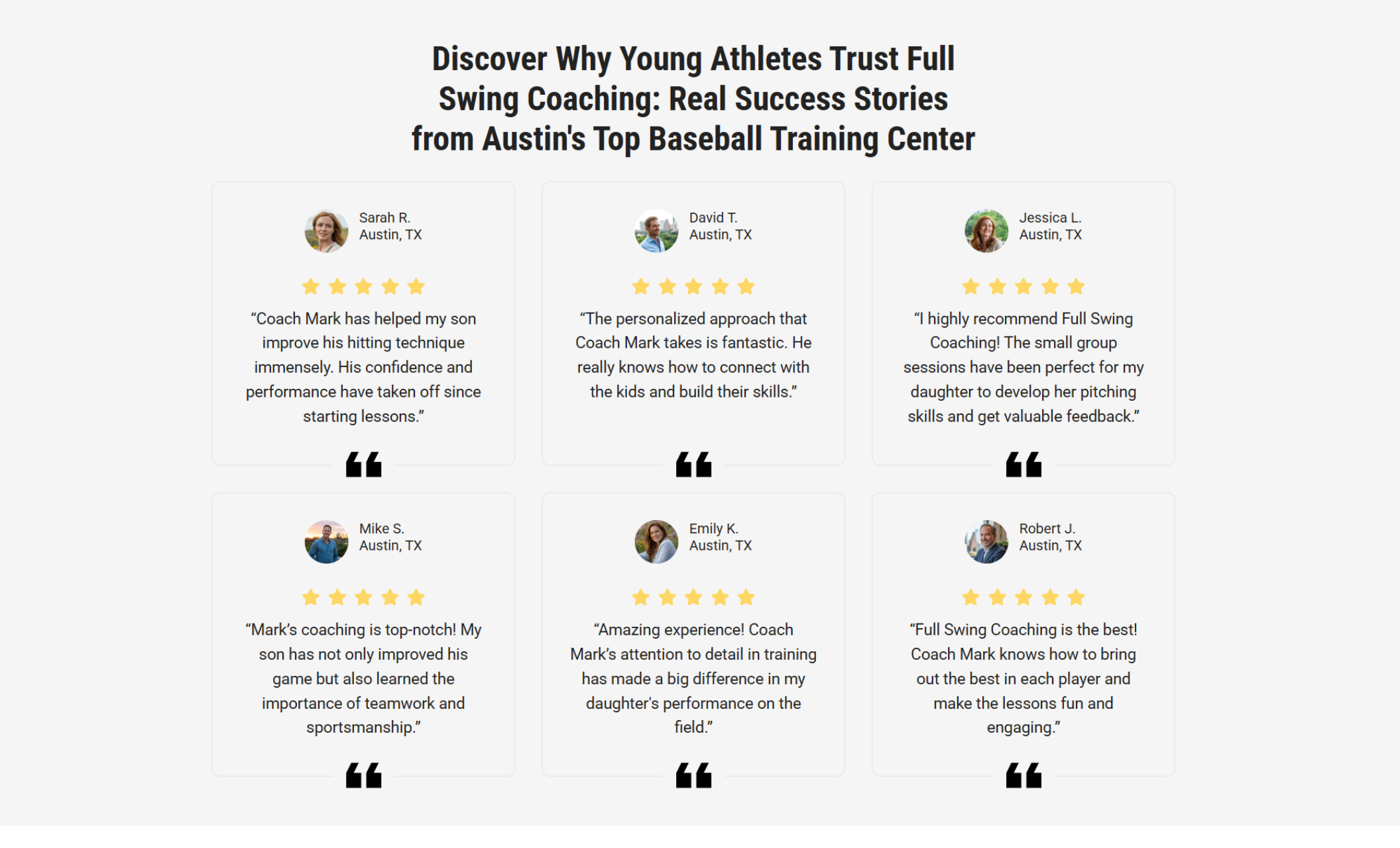 Full Swing Coaching testimonials section with six customer reviews from Austin parents, each with a five-star rating, profile image, and quotes praising Coach Mark’s training methods