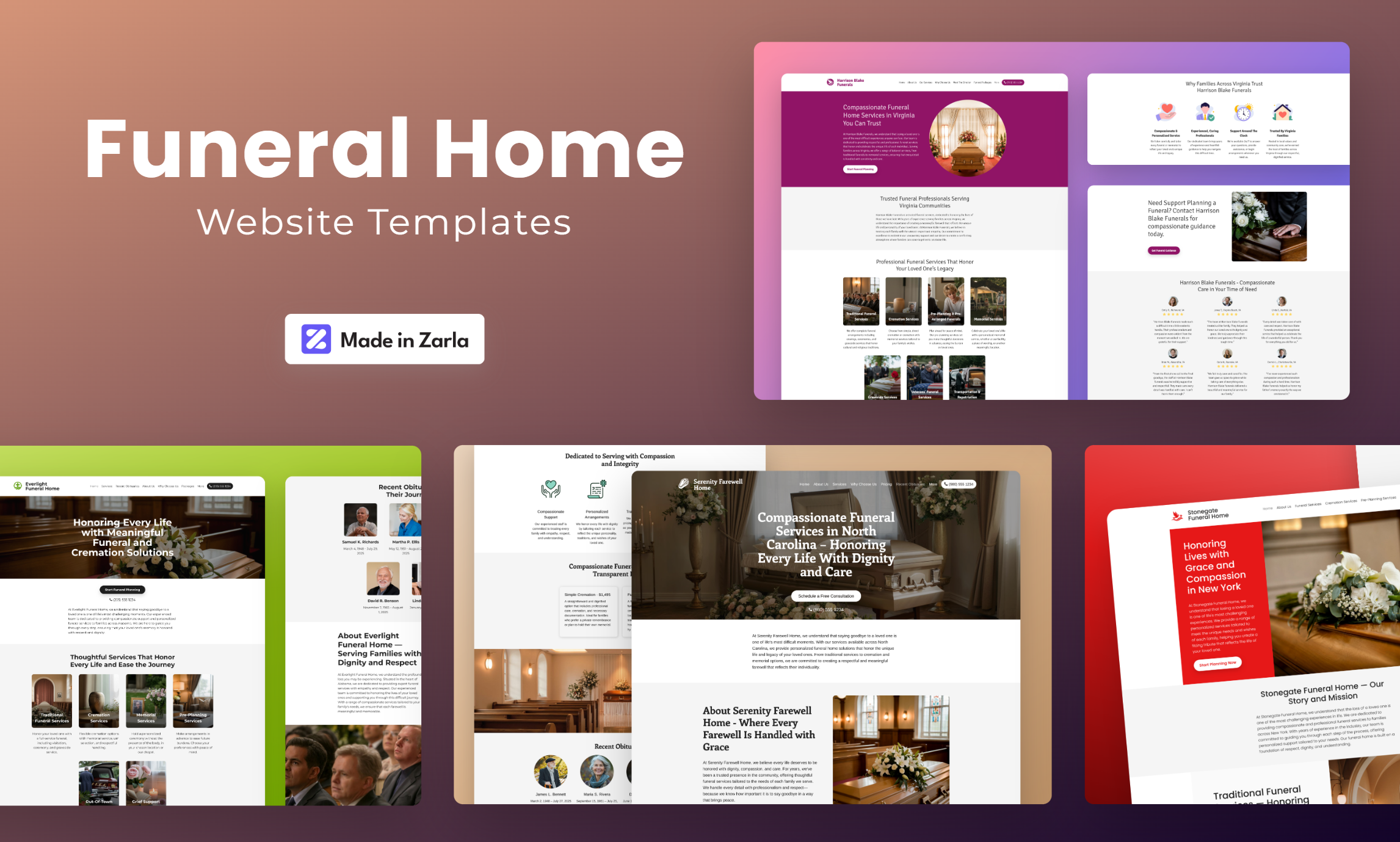 Collection of funeral home website templates created with Zarla