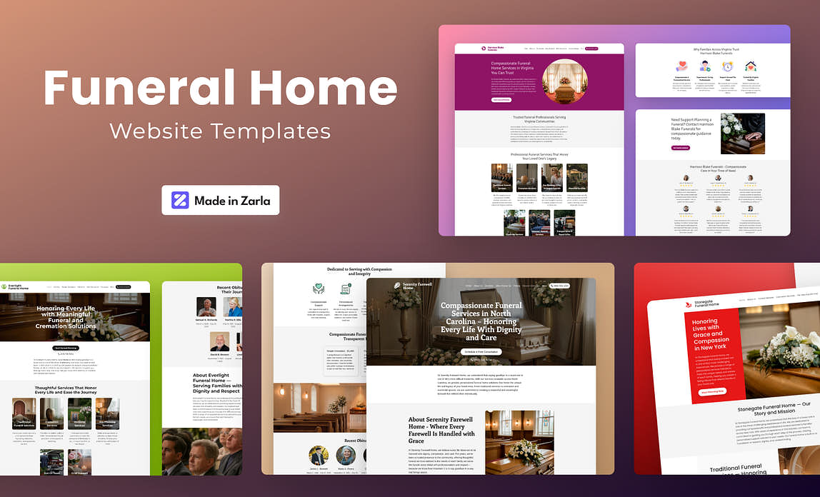 Collection of funeral home website templates created with Zarla