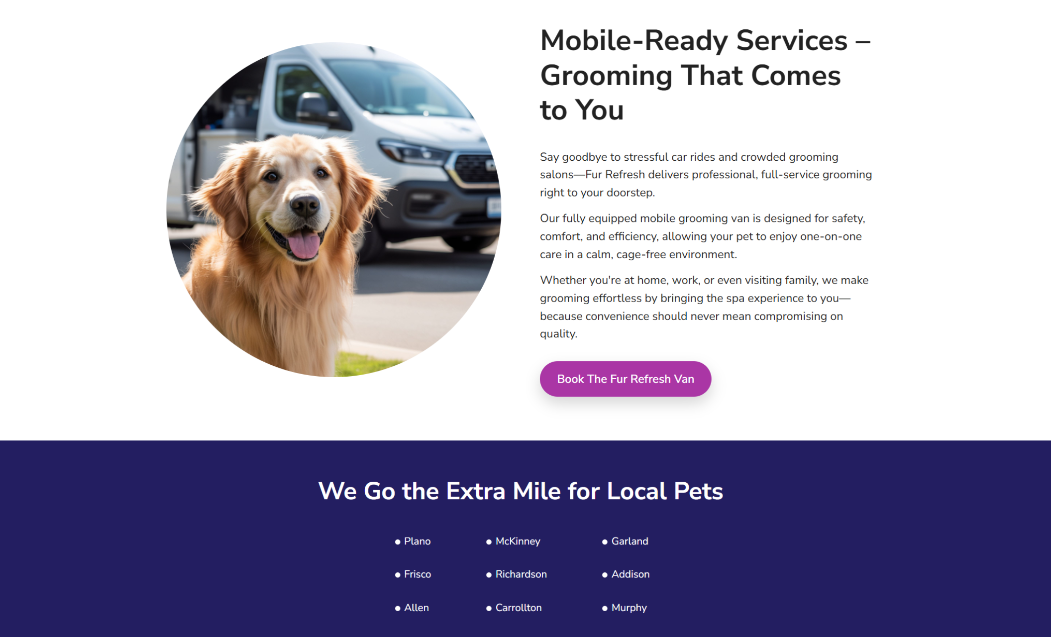 Circular photo of a golden retriever sitting in front of a grooming van paired with a text block titled “Mobile-Ready Services – Grooming That Comes to You” and a pink button that says “Book The Fur Refresh Van.”