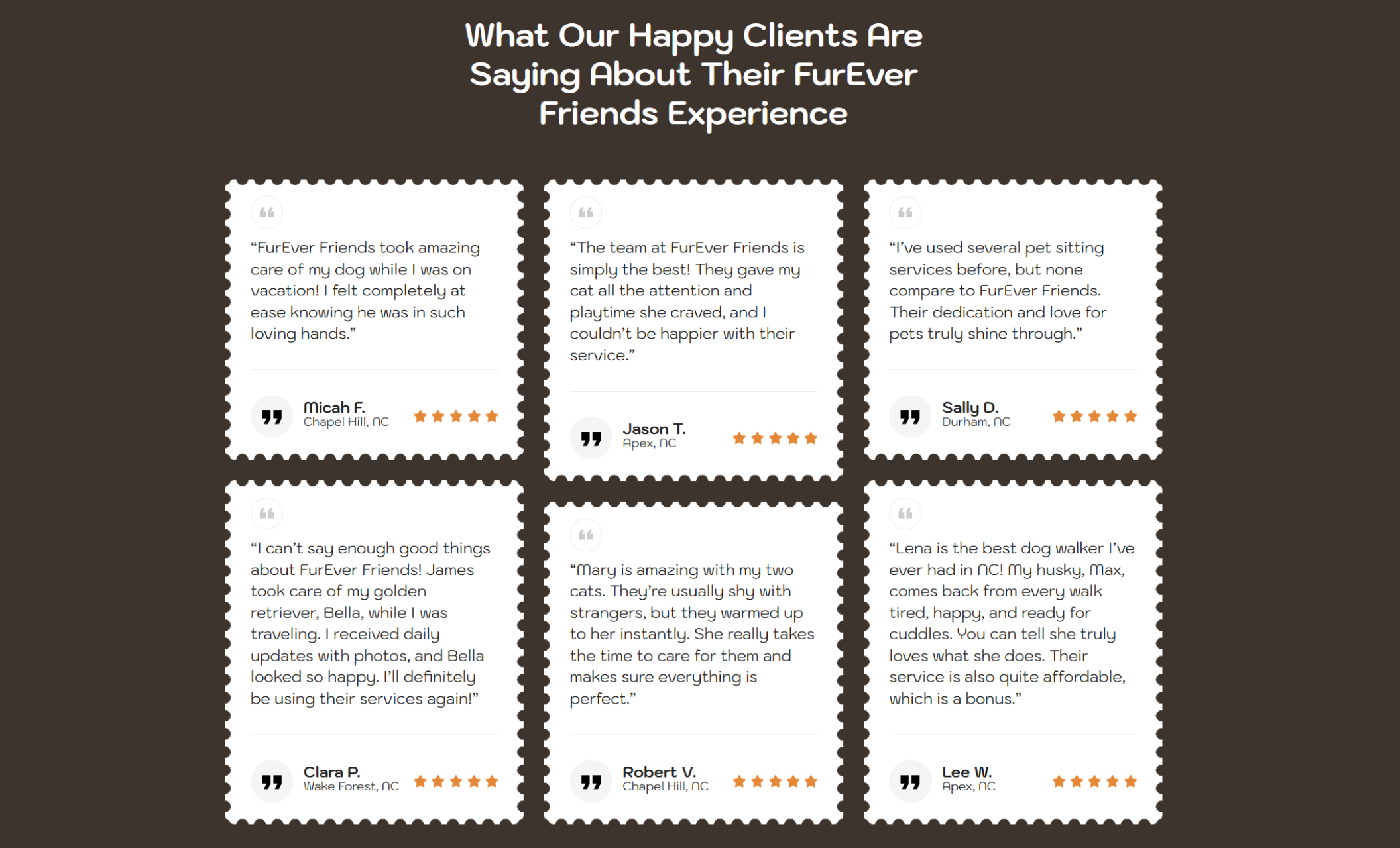 FurEver Friends testimonials section featuring six client reviews in white scalloped boxes on a dark brown background, each with star ratings and names from Chapel Hill, Apex, Durham, and Wake Forest, NC