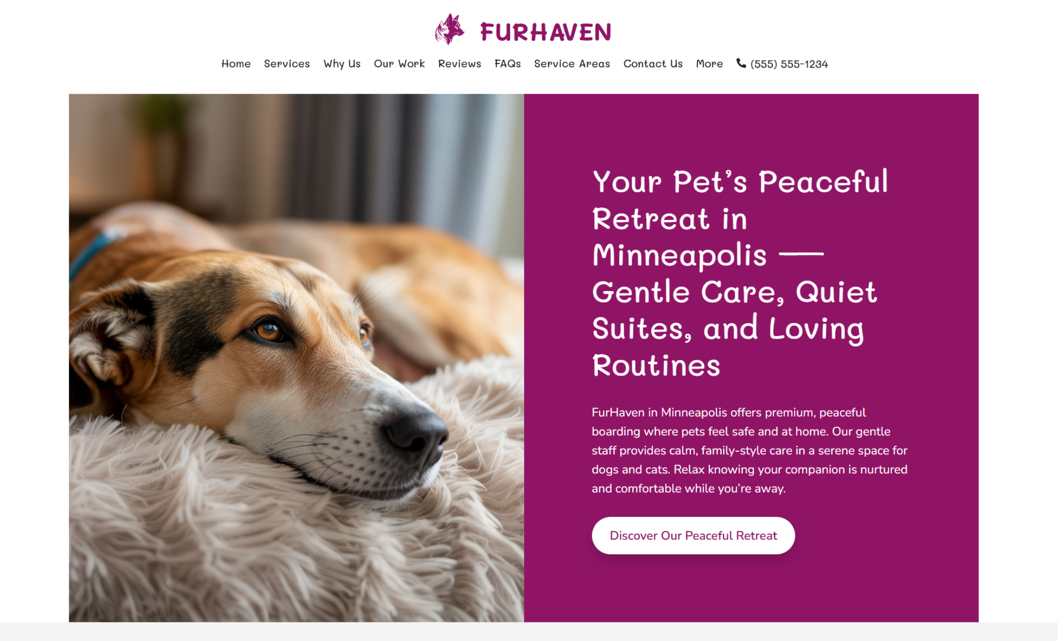 FurHaven homepage hero featuring a relaxed brown-and-white dog resting on a plush blanket beside the bold headline “Your Pet’s Peaceful Retreat in Minneapolis — Gentle Care, Quiet Suites, and Loving Routines” and a white call-to-action button