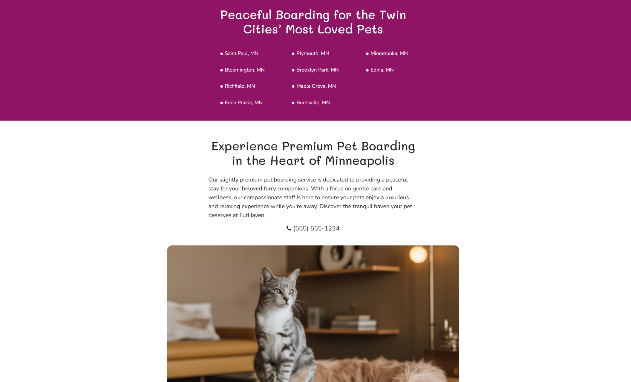 A FurHaven webpage section featuring a gray tabby cat sitting alert on a cozy blanket, beneath the headline “Experience Premium Pet Boarding in the Heart of Minneapolis” and a paragraph highlighting gentle care, wellness, and tranquil stays