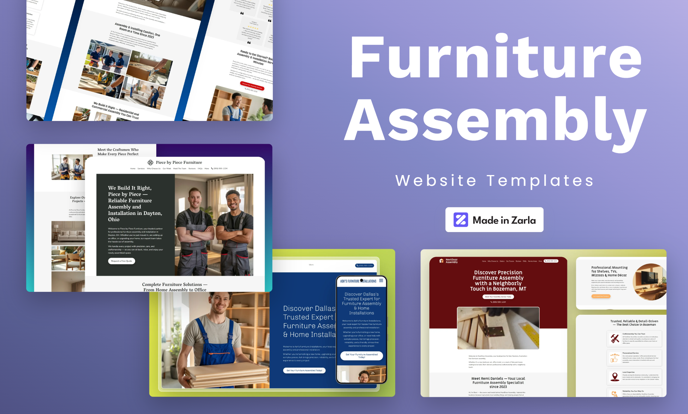 Collection of furniture assembly website templates created with Zarla