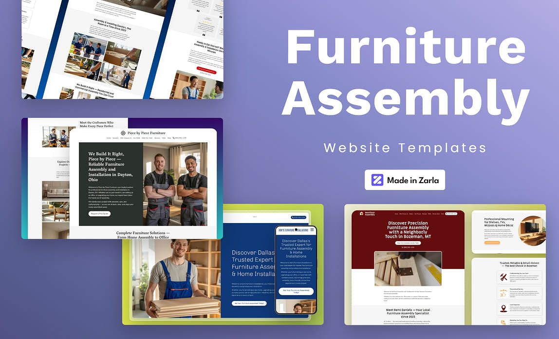 Collection of furniture assembly website templates created with Zarla