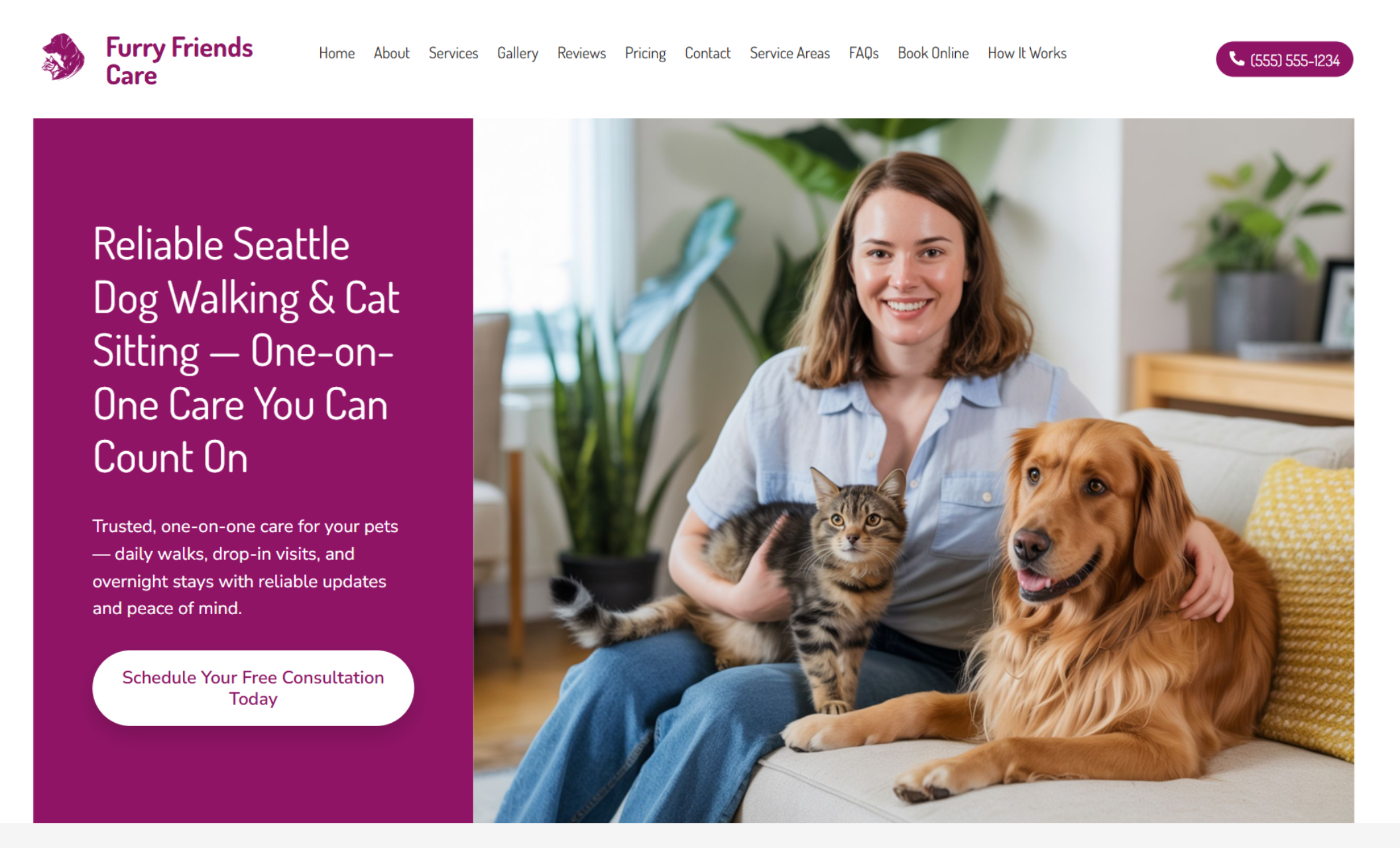 Homepage of Furry Friends Care showing a smiling woman sitting on a couch with a cat in her lap and a golden retriever by her side, next to a bold magenta banner reading “Reliable Seattle Dog Walking & Cat Sitting — One-on-One Care You Can Count On.”