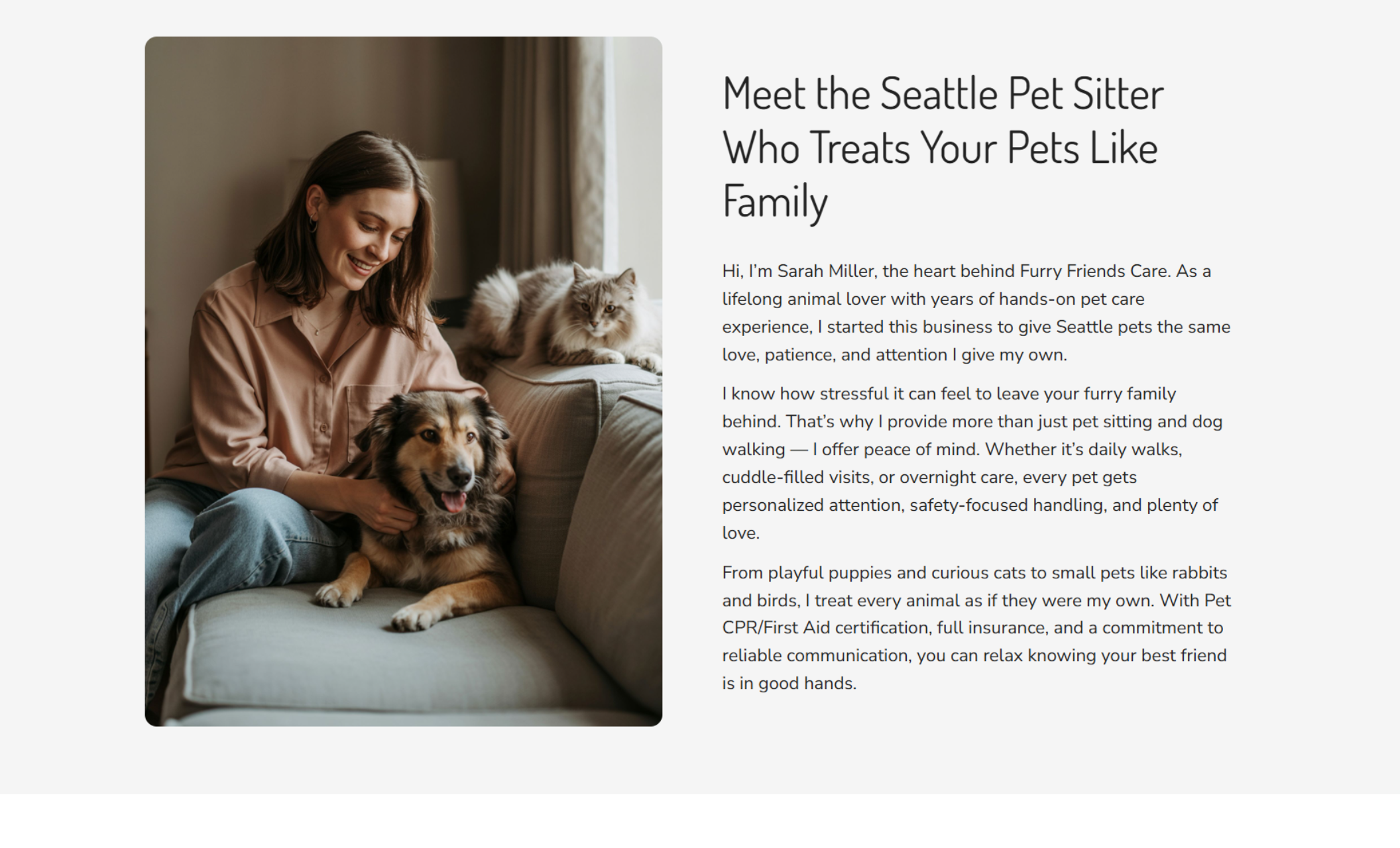 Furry Friends Care about section with a portrait of Sarah Miller petting a dog on the couch while her cat lounges nearby, paired with a heartfelt introduction describing her Seattle-based business and personalized pet care philosophy