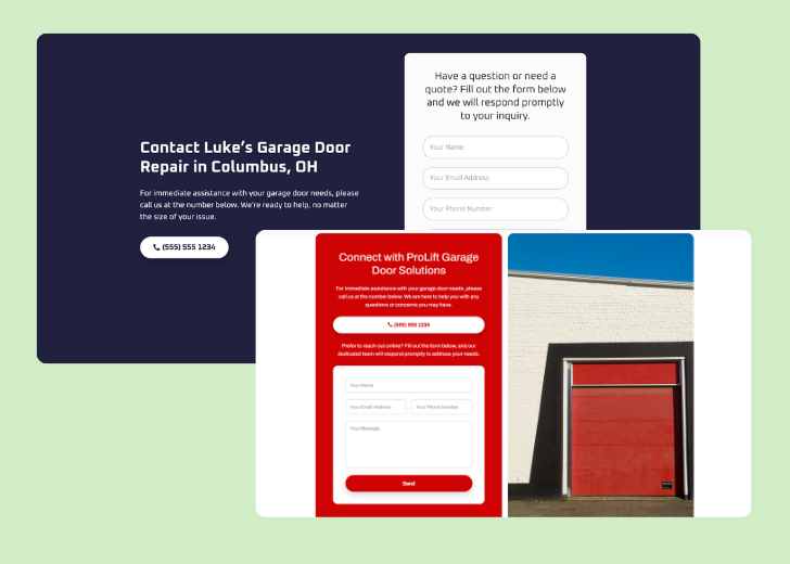 Screenshot of a contact form titled 'Get in touch' with a blue-colored primary button with a contact number, with input fields for Name, Email, and Message