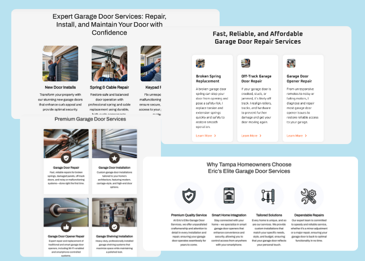 A collage of services section generated by Zarla showing different styles of service items, all having a picture, a title, and a brief description