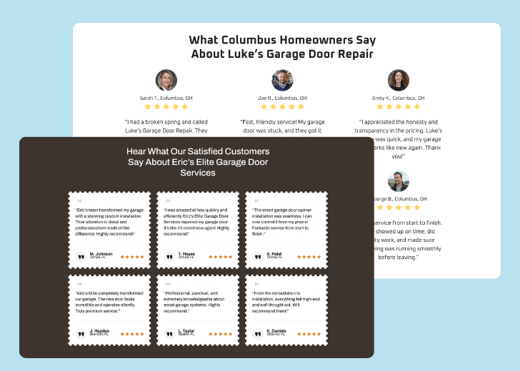 A collage of reviews section generated by Zarla showing different styles of testimonials