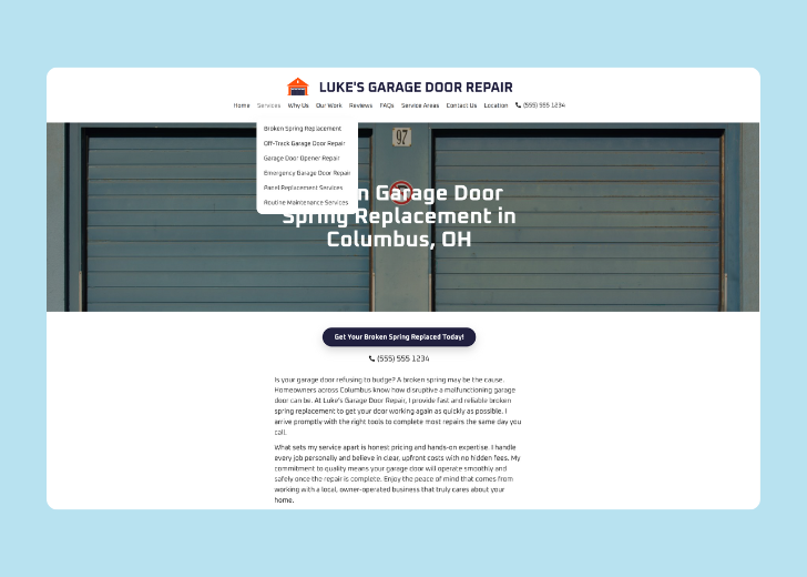 Spotless Touch landing page of a specific service titled 'Post Construction Cleaning' with a contact form on the side