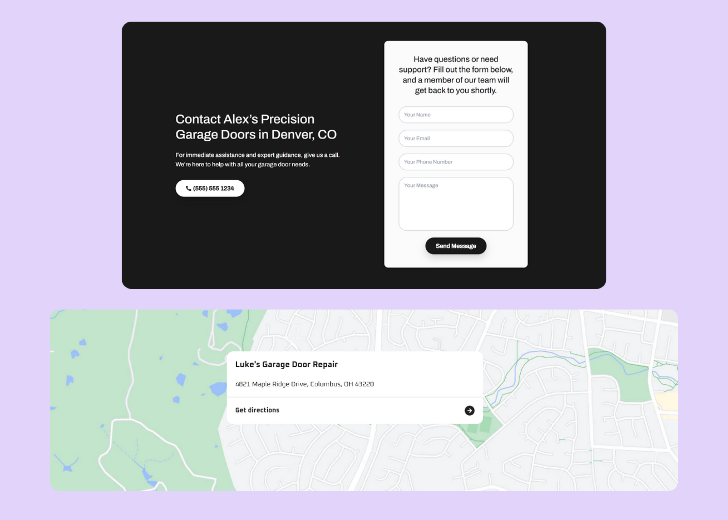 A screenshot of a header with navigation pills with contact number, a blue-colored primary button with contact number, and a 2D depiction of a map with a business address in the center
