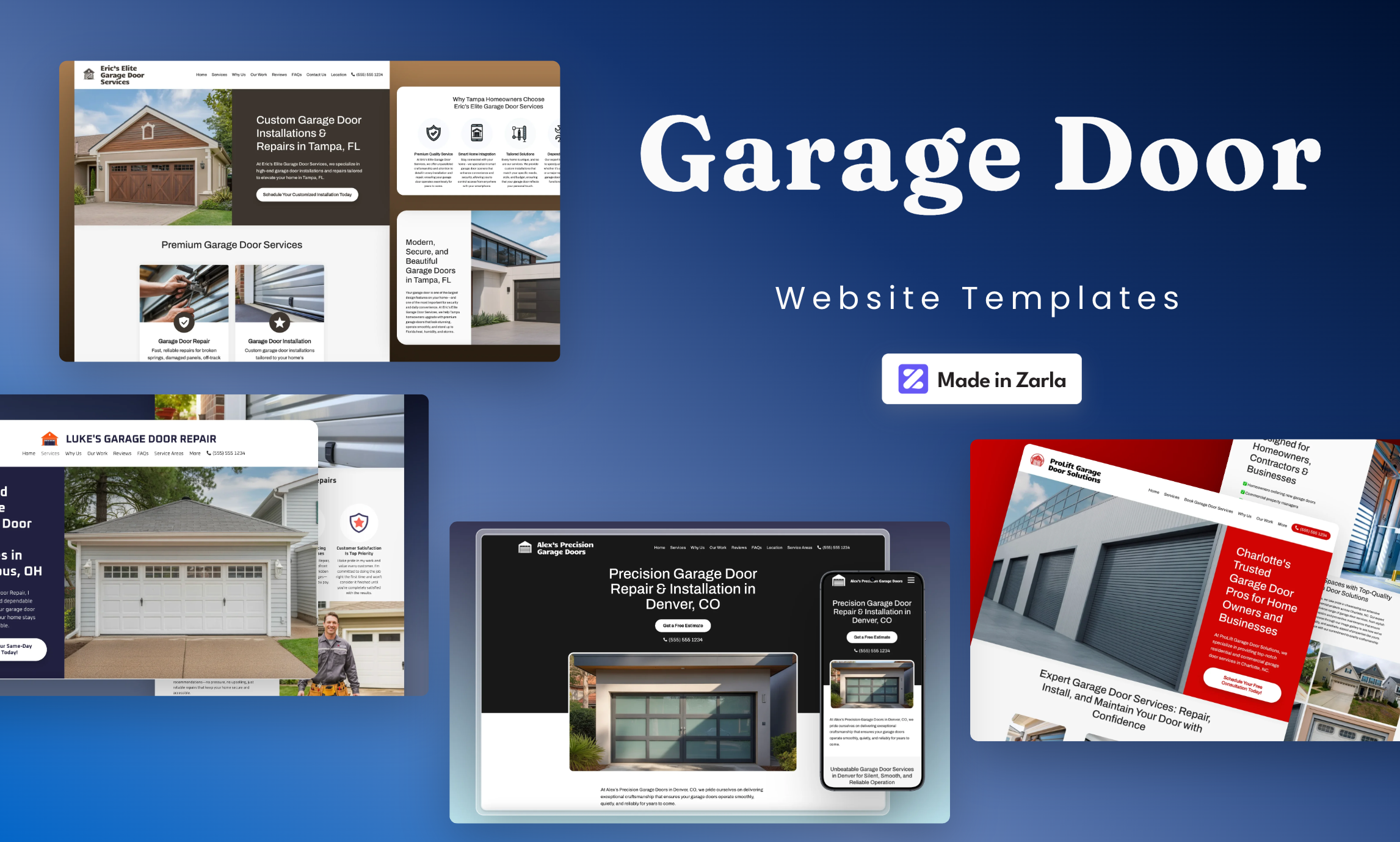 Collection of garage door website templates created with Zarla