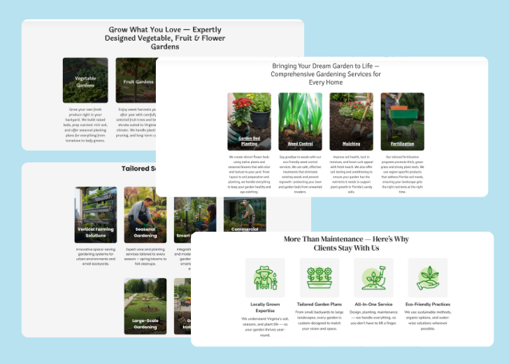 A collage of services section generated by Zarla showing different styles of service items, all having a picture, a title, and a brief description