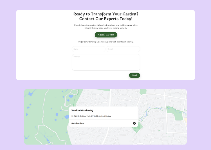 A screenshot of a header with navigation pills with contact number, a blue-colored primary button with contact number, and a 2D depiction of a map with a business address in the center