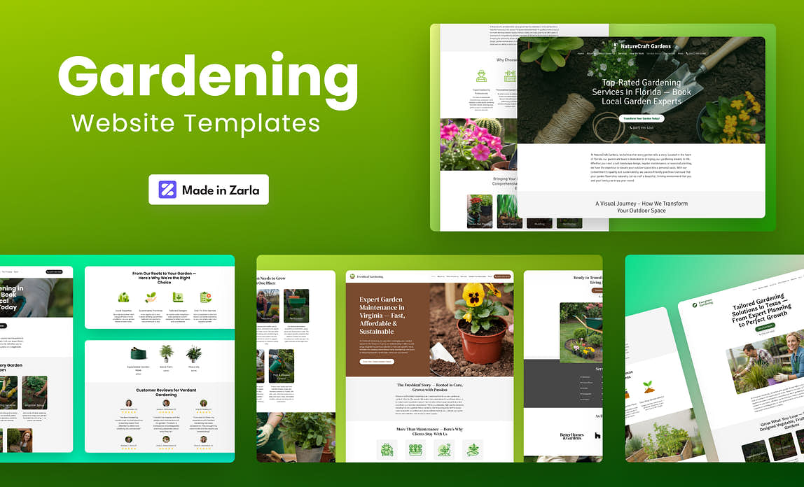 Collection of free gardening website templates created with Zarla