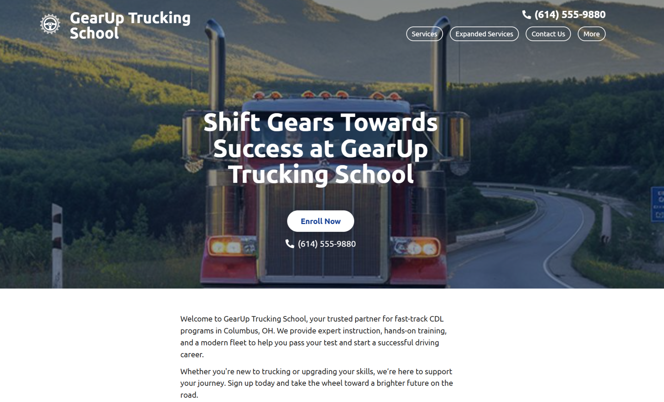 Homepage for GearUp Trucking School showcasing a full-screen image of a red semi-truck, bold white text headline, and a prominent blue call-to-action button encouraging users to enroll