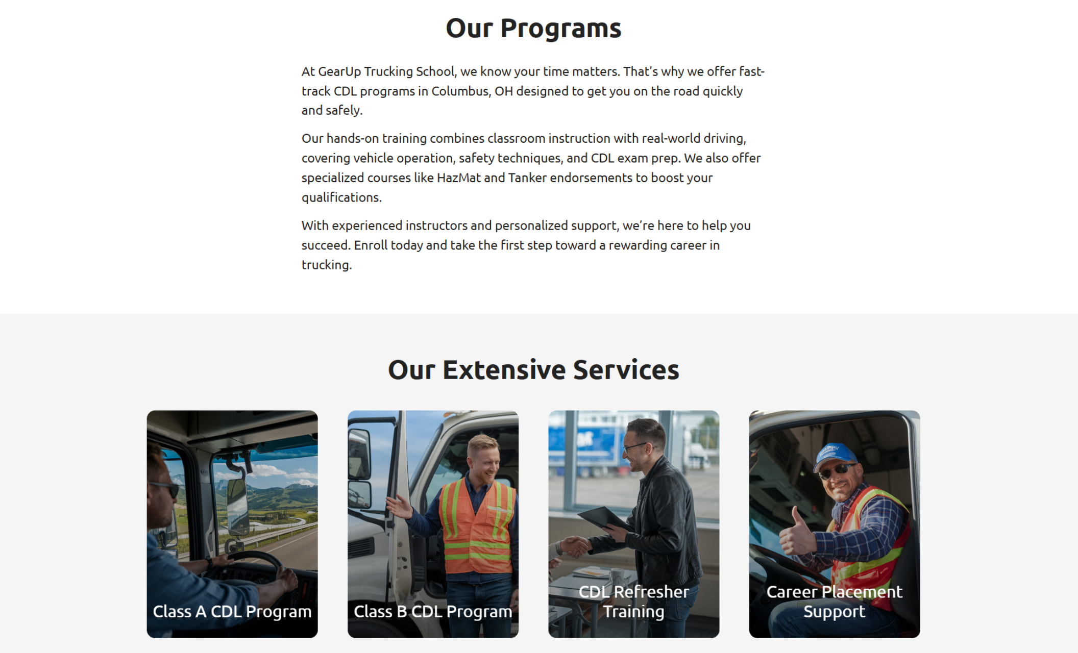 Mid-page section of GearUp Trucking School's website highlighting the program’s structure, followed by a grid layout of service tiles for CDL training and career support