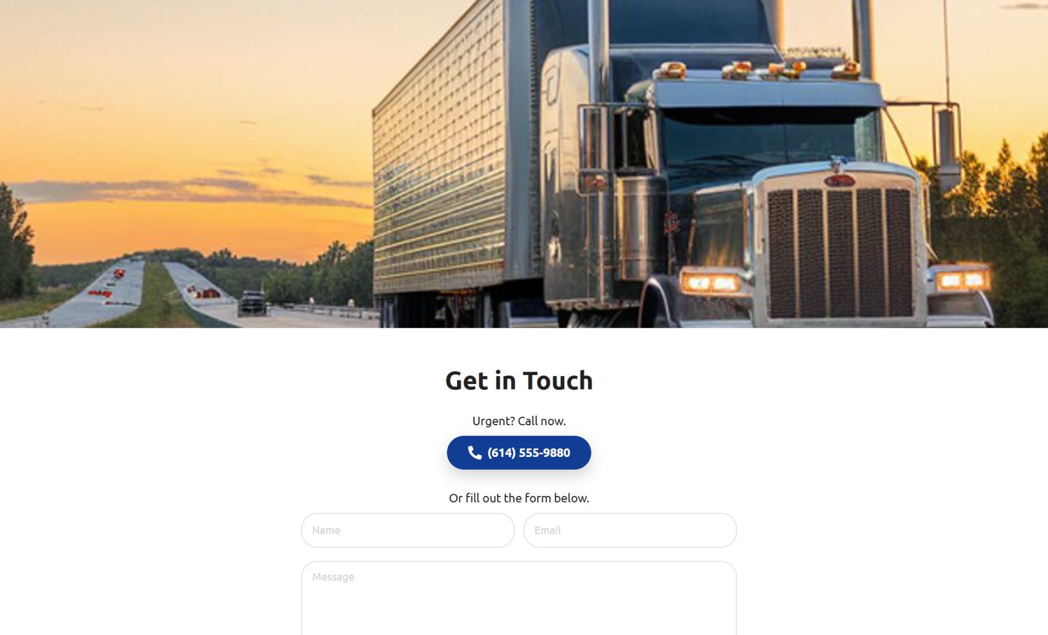 Contact section of the GearUp Trucking School website with a sunset highway background, direct call button, and a simple contact form for prospective students to get in touch