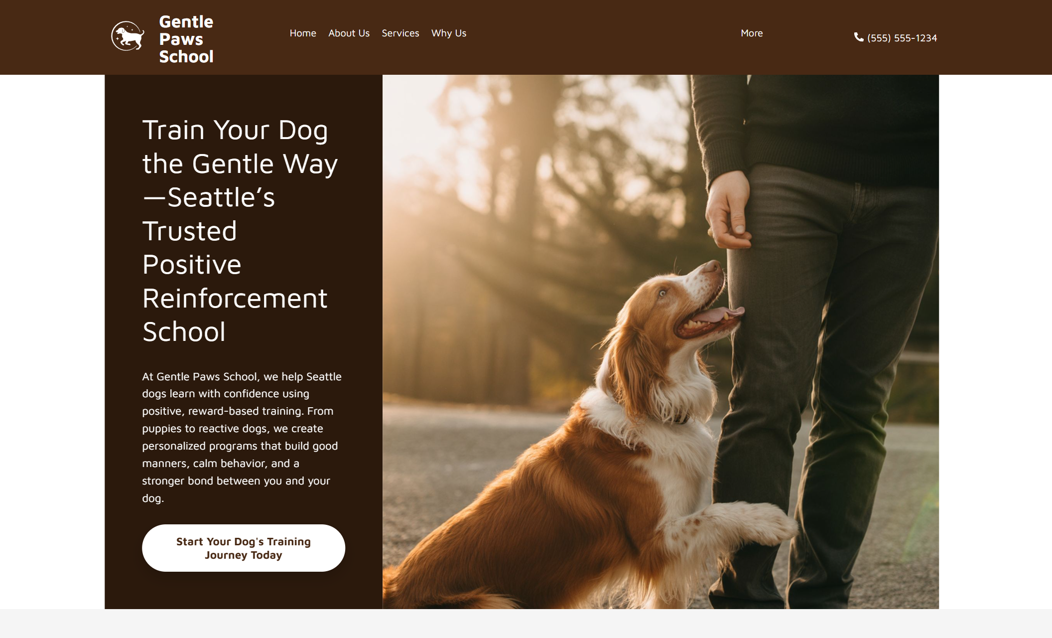 Gentle Paws School homepage hero featuring a dog sitting attentively beside its owner on a wooded path, next to the headline “Train Your Dog the Gentle Way — Seattle’s Trusted Positive Reinforcement School” and a prominent booking button