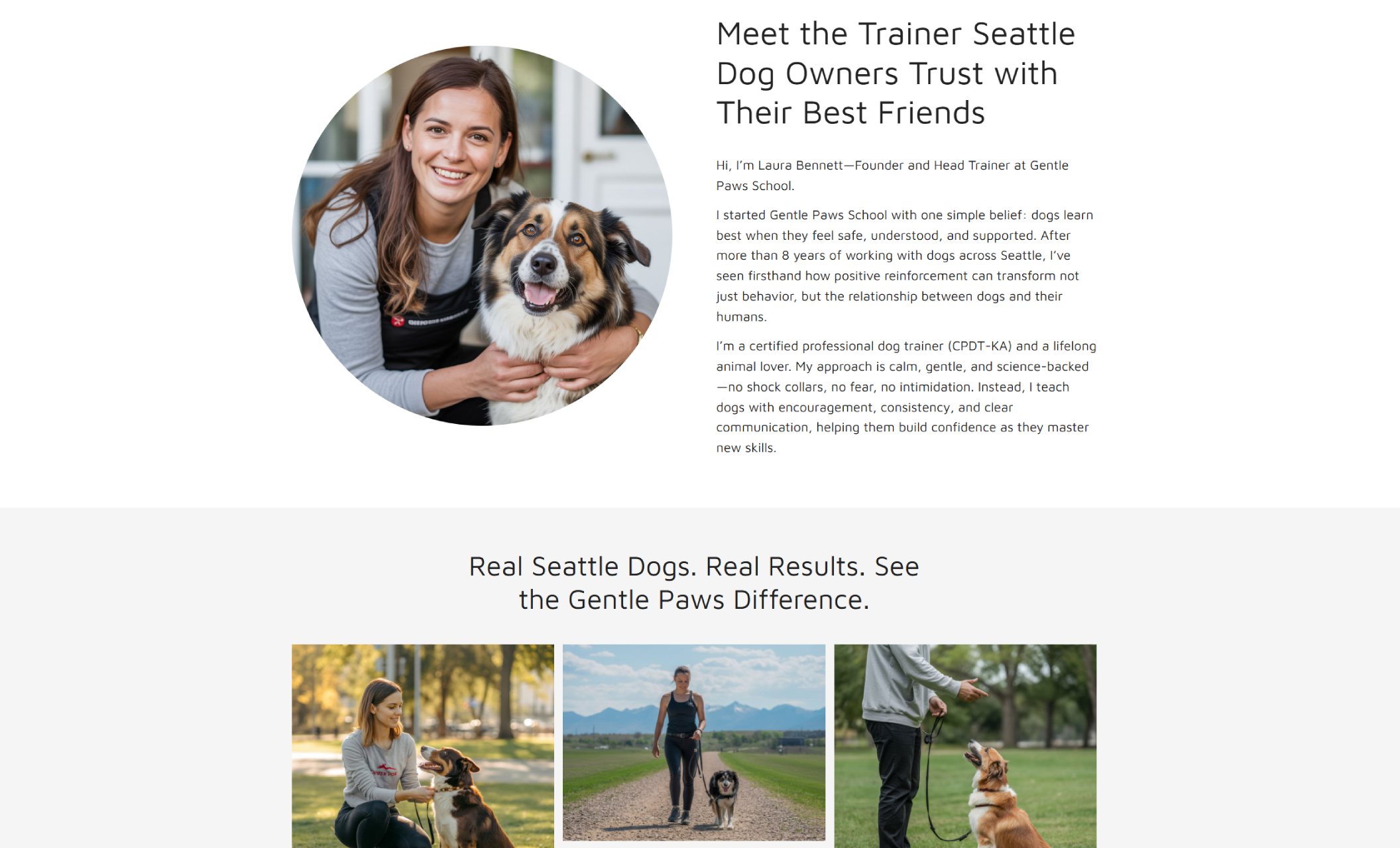 Gentle Paws School trainer introduction section showing a smiling female trainer holding a dog, alongside the heading “Meet the Trainer Seattle Dog Owners Trust with Their Best Friends” and a detailed biography emphasizing positive, fear-free training
