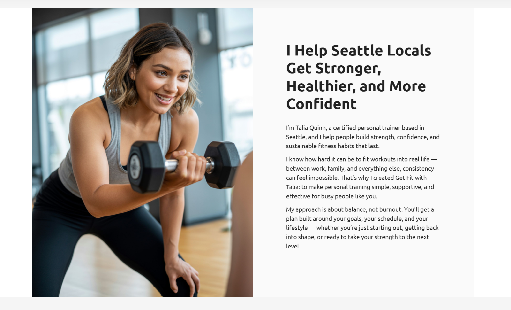 About section of Get Fit With Talia featuring a woman smiling while lifting a dumbbell next to the headline “I Help Seattle Locals Get Stronger, Healthier, and More Confident” and a short personal introduction by Talia Quinn